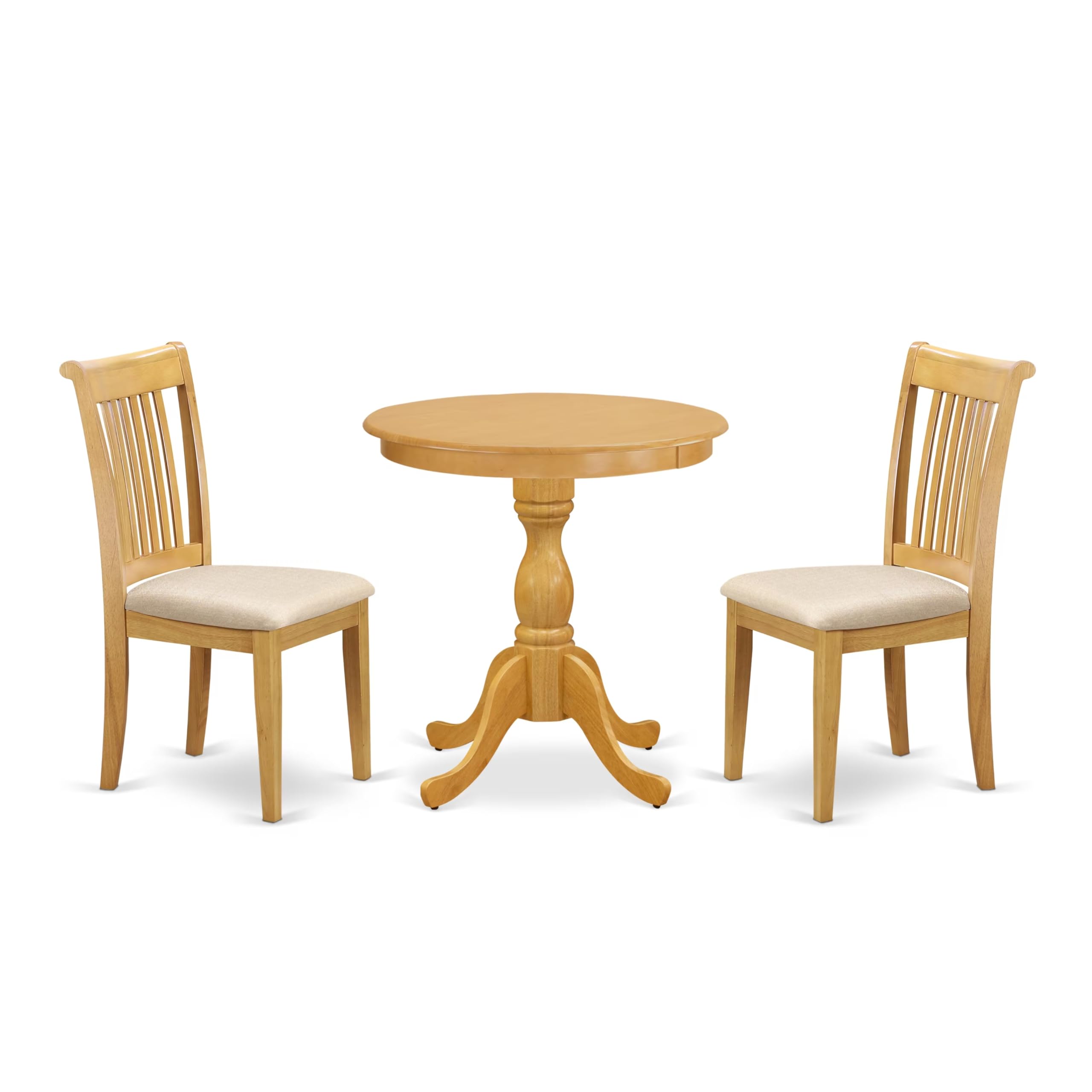 East West Furniture ESPO3-OAK-C 3-Piece Modern Dining Room Set - 30x30 Inch Round Pedestal Table with 2 Linen Upholstered Chairs in Oak Finish - Perfect for Small Space Dining, Kitchen Nooks & Apartment Living