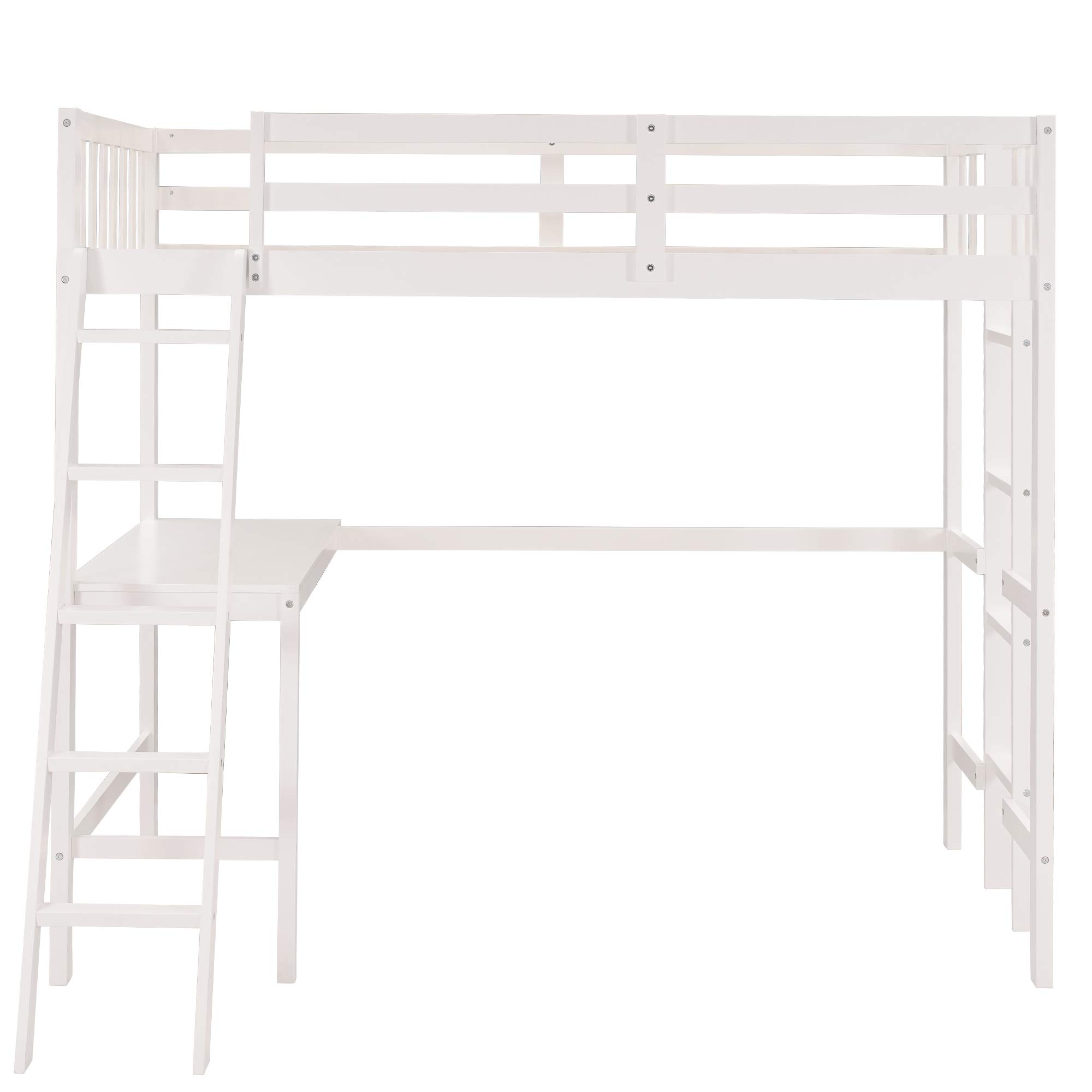 Solid Wood Twin Loft Bed with Desk & 2 Ladders - Space Saving Kids/Teens/Adults Loft Bed Frame - No Box Spring Needed (White) - Perfect for Small Bedrooms, Dorms & Studio Apartments