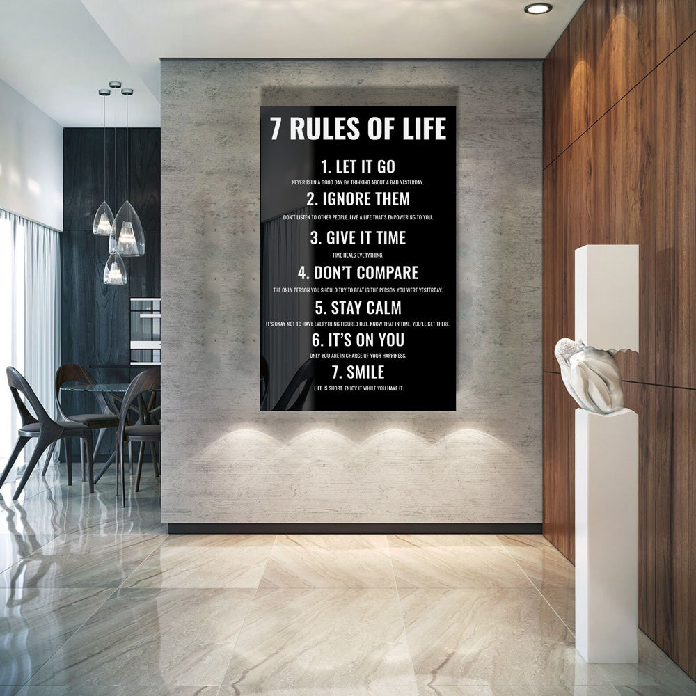 7 Rules of Life Motivational Glass Print Wall Art - Inspirational Home & Office Decor for Living Room, Bedroom, or Workspace