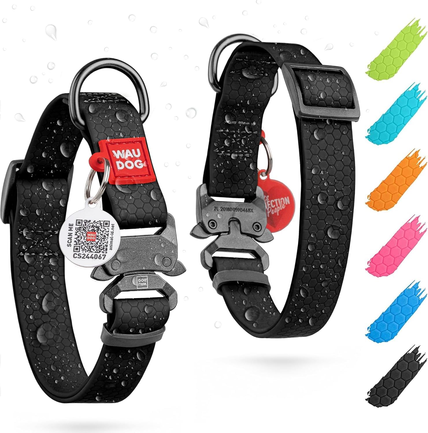 WAUDOG Waterproof Dog Collar - Adjustable Heavy Duty Pet Collar for Large, Medium & Small Dogs with Durable Metal Buckle & QR ID Tag - Perfect for Outdoor Adventures, Swimming & Daily Walks (Black)