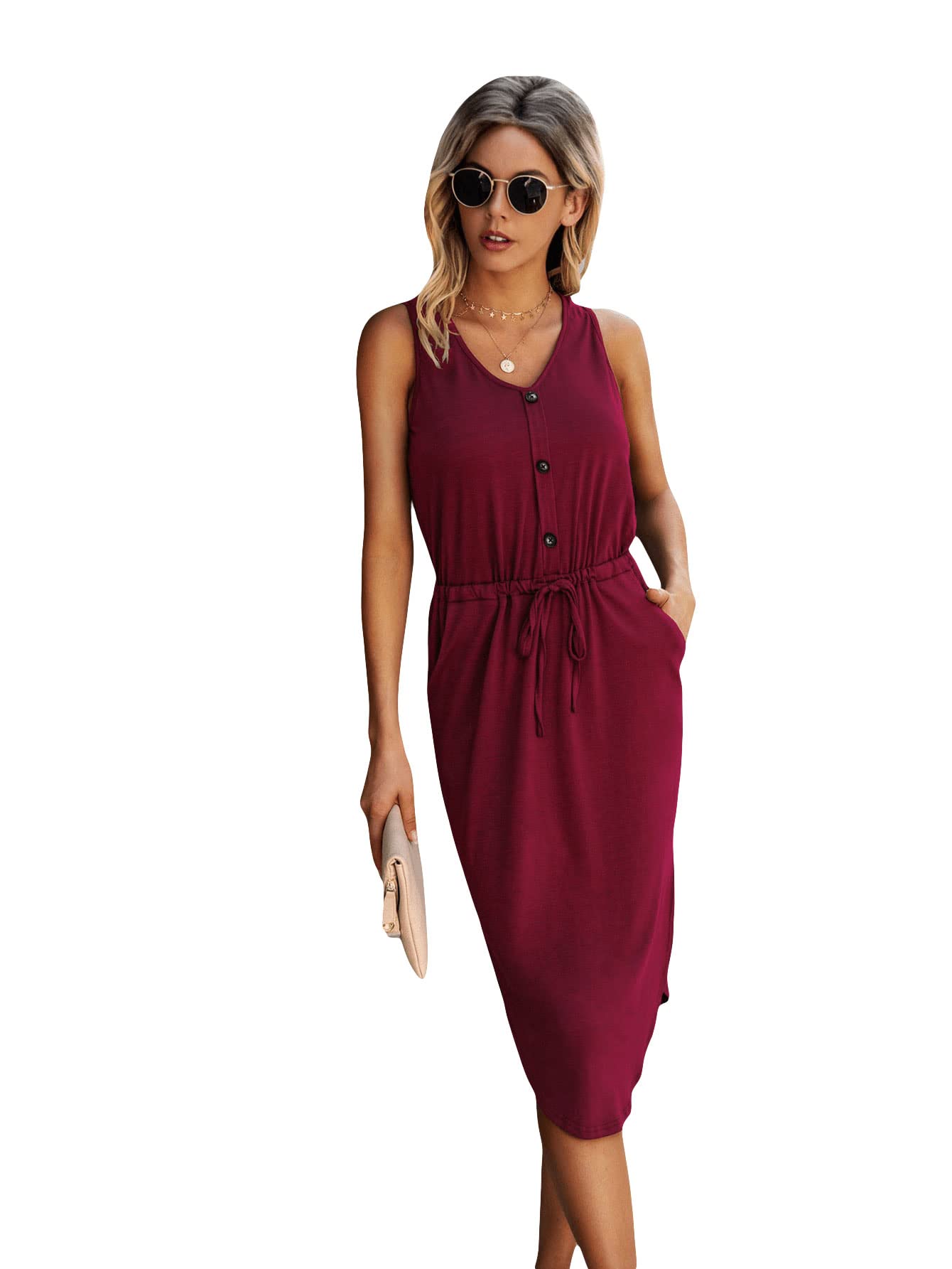 SweatyRocks Women's Summer Sleeveless Adjustable Waist Button Down Midi Dress with Pockets - Casual Office Wear & Beach Cover Up Dress