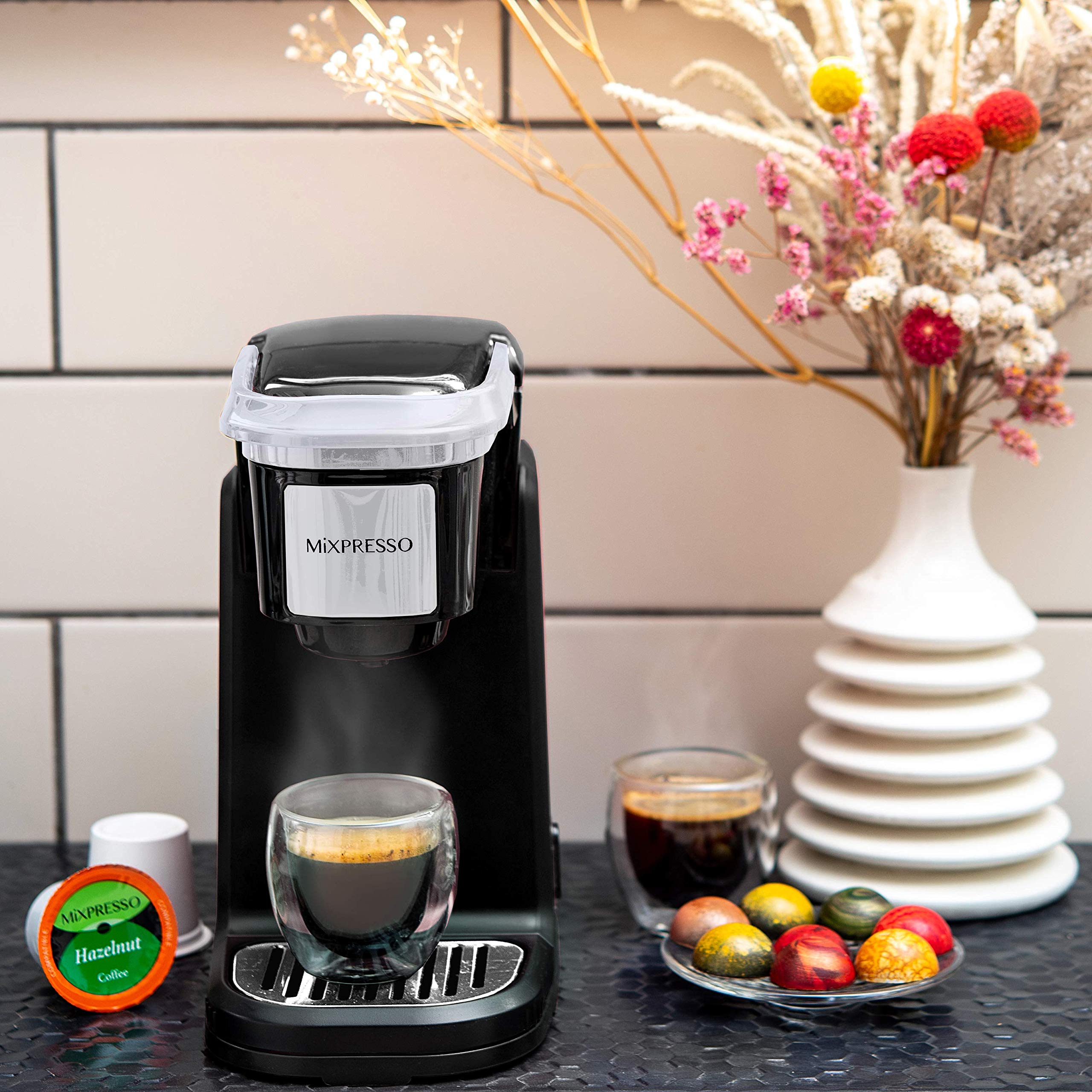 Mixpresso Single Cup Coffee Maker - 12oz Personal Single Serve K Cup Compatible Coffee Machine with Quick Brew & One-Touch Function - Perfect for Home, Office, or Dorm Use - Black