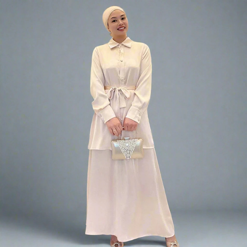 2-Piece Muslim Women's Satin Prayer Outfit Set - Modest Long Sleeve Top & Flowy Skirt Suit for Eid, Ramadan & Daily Wear