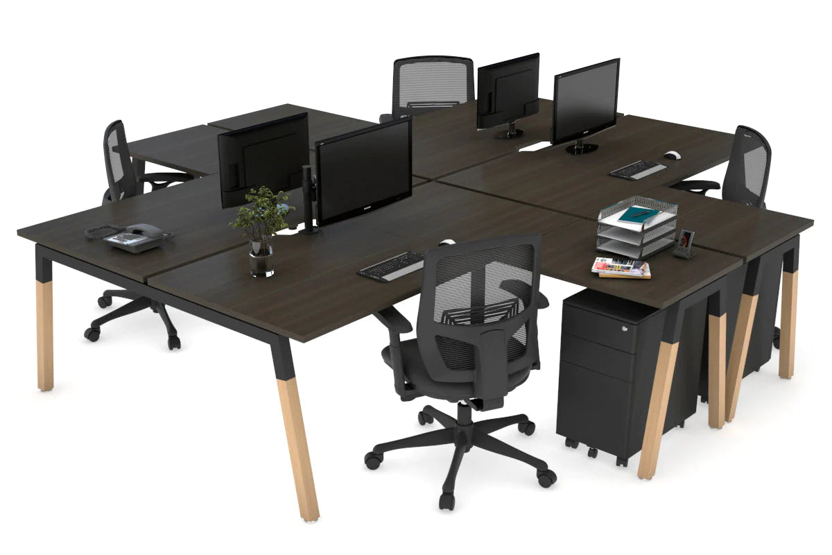 Quadro Wood A Legs Cross Beam 4-Person Corner Workstation Desk - 1600L x 1800W with Cable Management Scallop - Perfect for Office, Home Workspace & Collaborative Environments