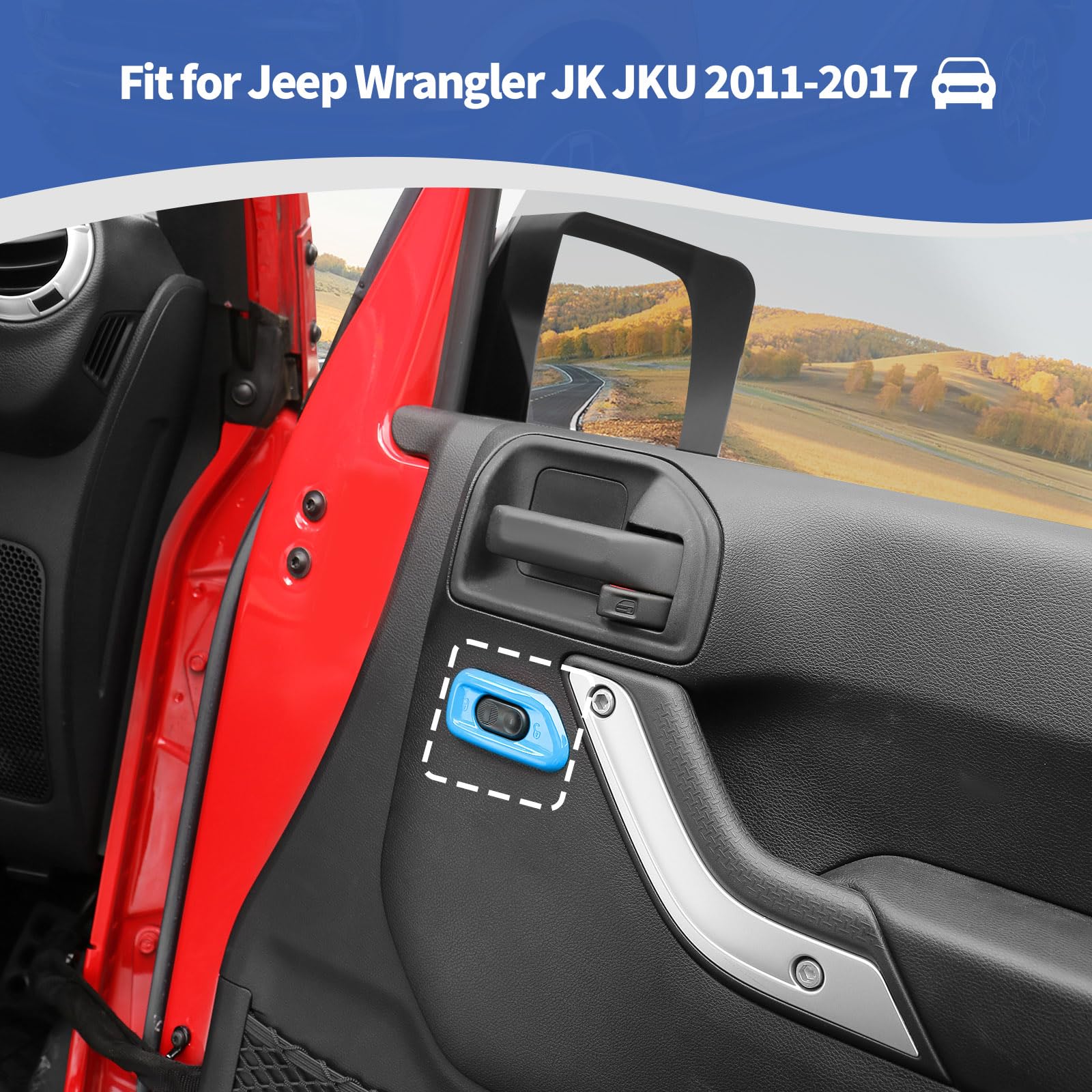 Jeep Wrangler JK JKU 2011-2017 Blue Door Lock Switch Cover Trim - Interior Accessories (2pcs) | Upgrade Your Jeep's Interior with Stylish Baby Blue Protection for Door Lock Switches | Perfect for Off-Roading & Daily Driving