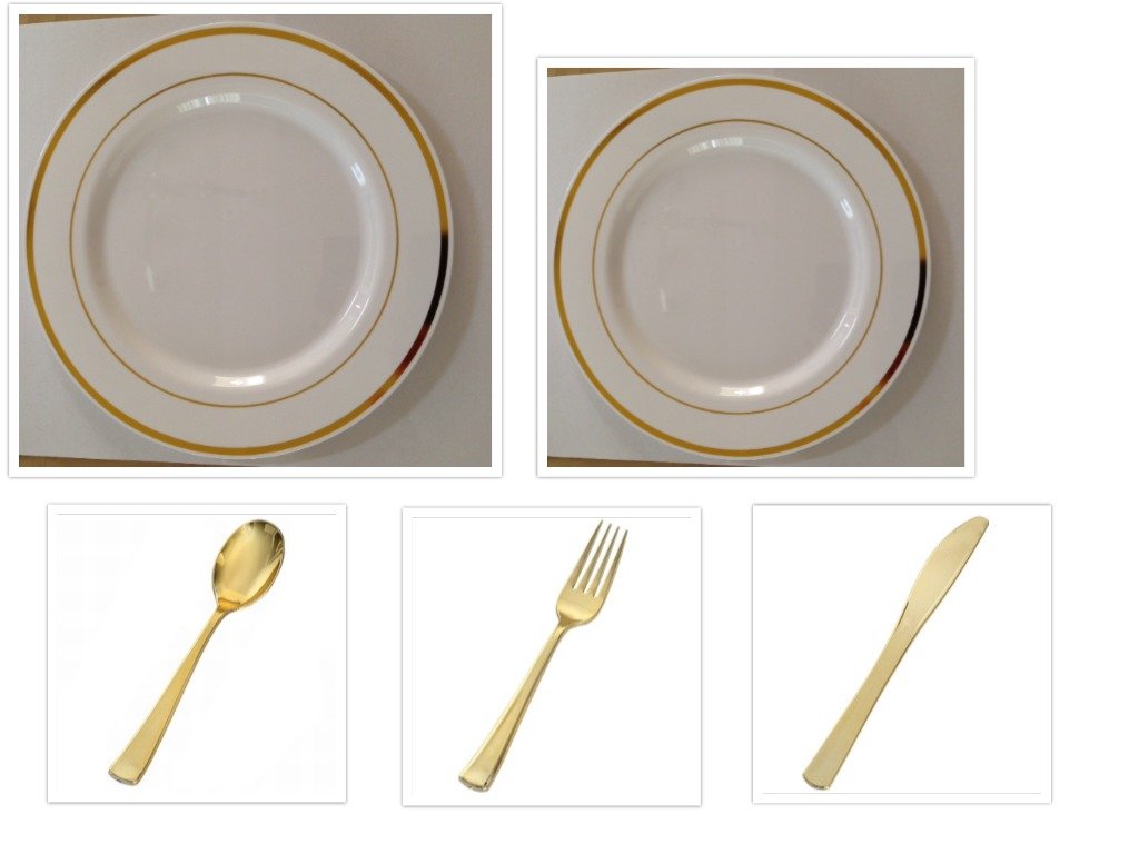 250-Piece Elegant White Plastic Dinner Plates with Gold Trim & Gold Silverware Set - Disposable Tableware for 50 Guests - Perfect for Weddings, Parties, and Special Events