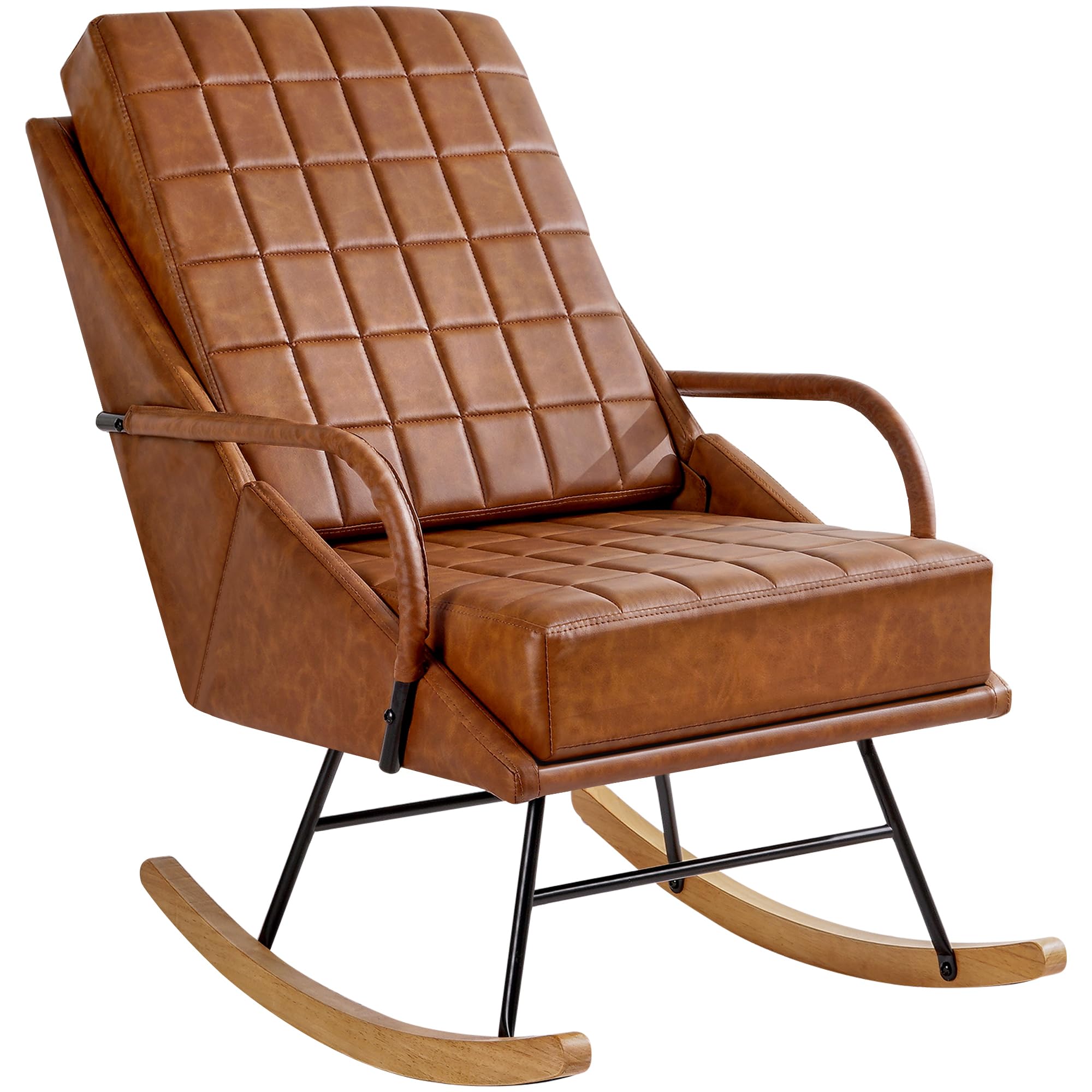 VECELO Leather Glider Rocking Chair with High Backrest - Nursery, Living Room, Bedroom & Balcony Upholstered Rocker in Brown | Perfect for Nursing, Relaxing & Reading