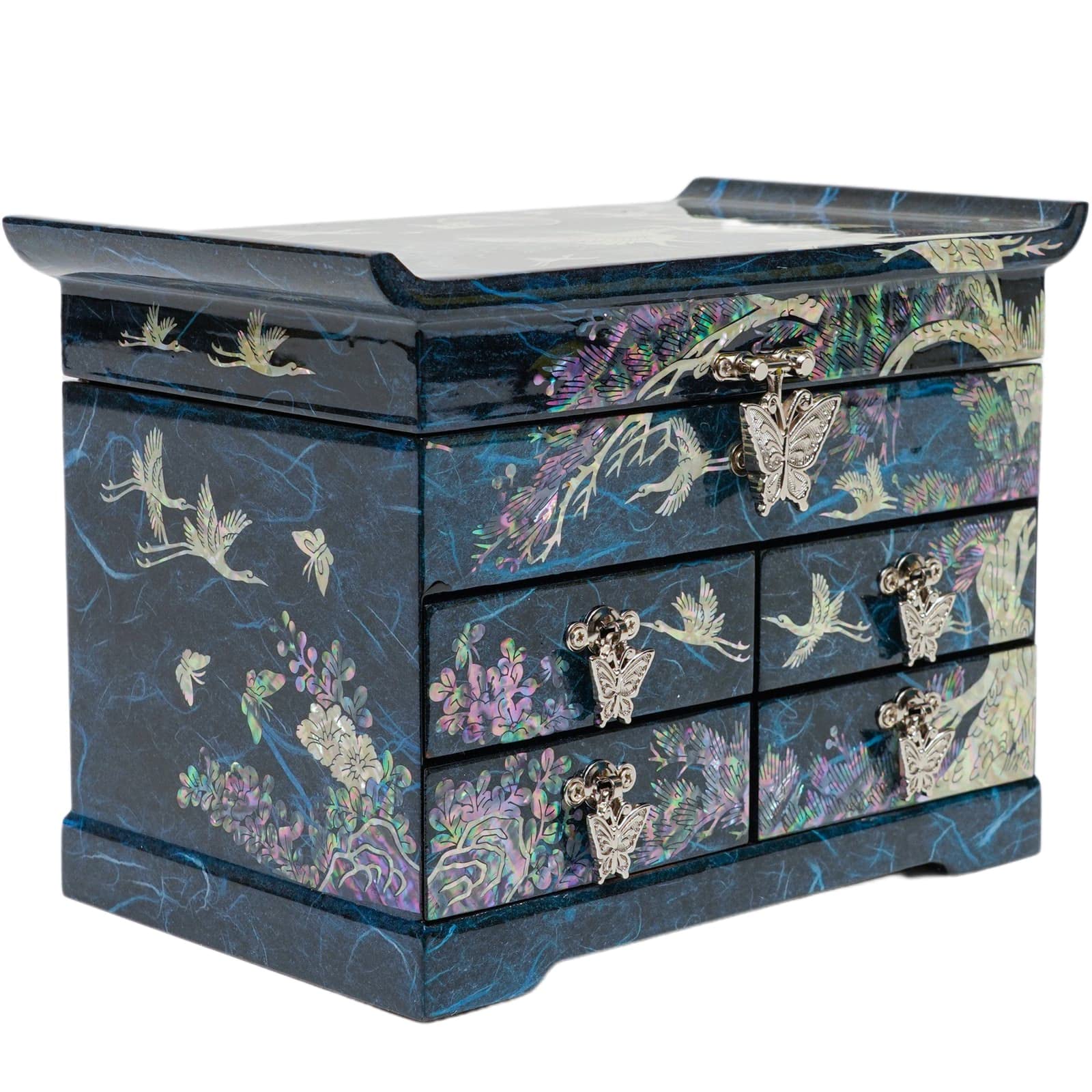 February Mountain Mother of Pearl Wooden Jewelry Organizer Box - Elegant Jewelry Storage with Spacious Drawers for Rings, Bracelets, Necklaces & Watches | Perfect Gift for Women | Home Vanity & Travel Jewelry Case (Crane Blue)