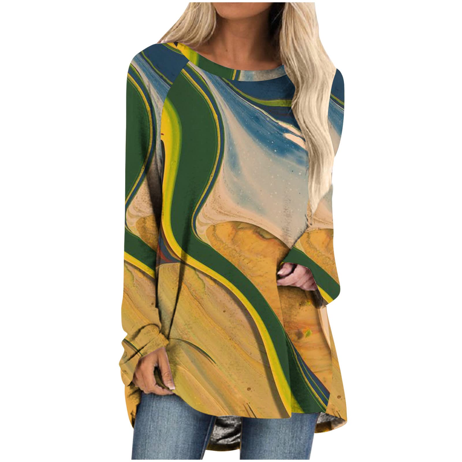 Vintage Print Women's Long Sleeve Crewneck T-Shirts - Casual Loose Fit Blouse Tops for Fall | Trendy Tunic Tees to Wear with Leggings (Perfect for Everyday Wear, Office Outfits & Weekend Comfort)