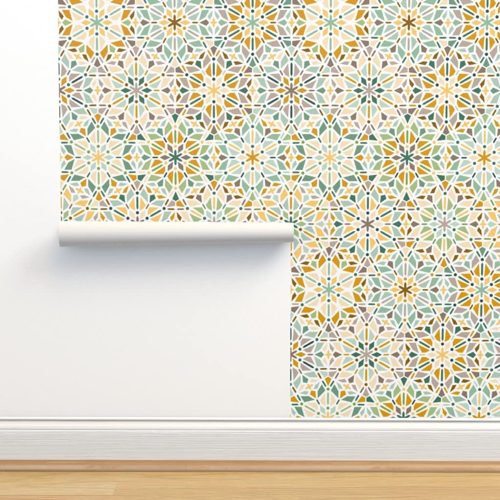 Removable Wallpaper 12ft x 2ft - Kaleidoscope Geometric Pattern in Green, Yellow, White & Brown | Peel & Stick Wall Covering for Bedroom, Nursery, Office & Home Decor | Easy DIY Installation