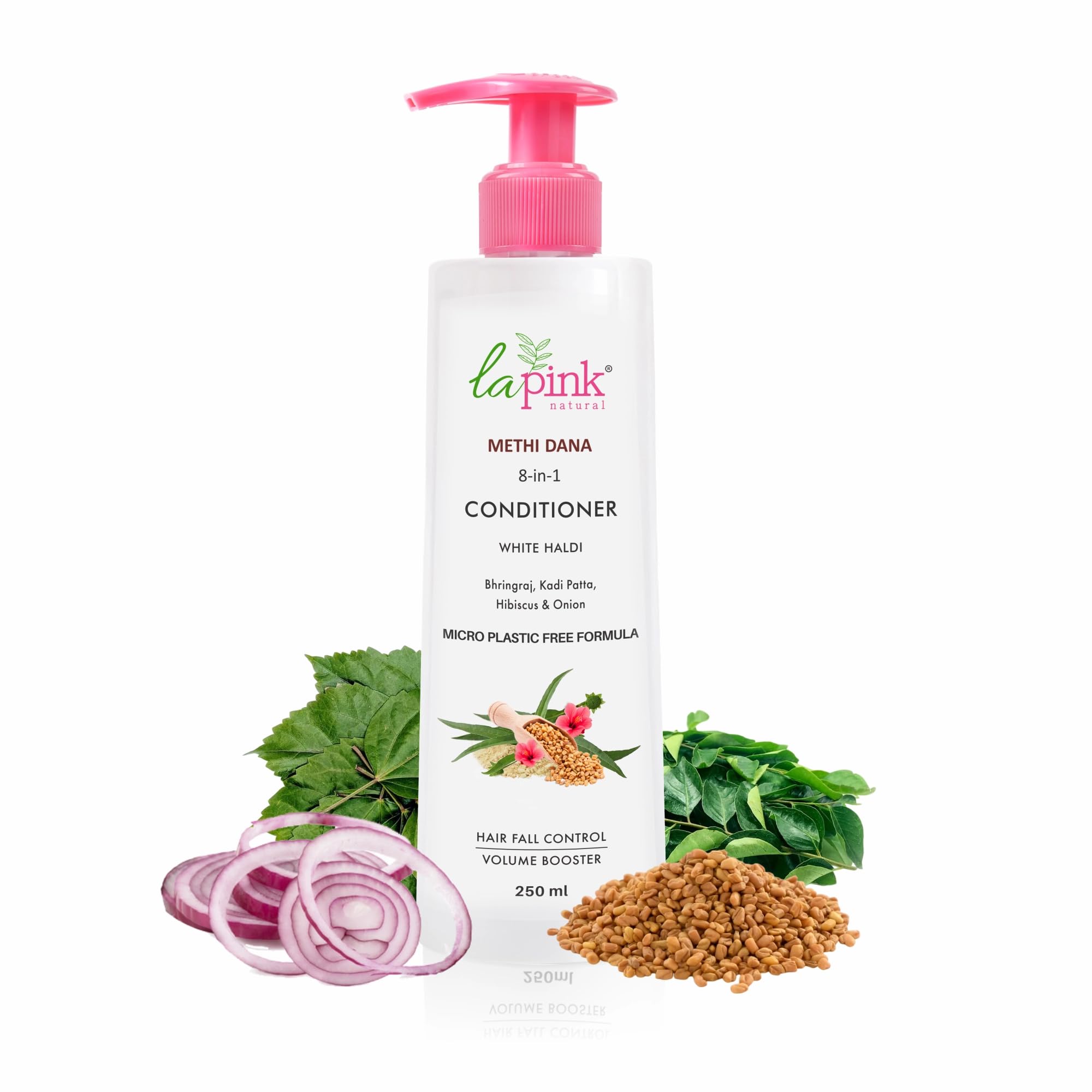 La Pink Methi Dana Fenugreek Seeds 8-in-1 Hair Fall Conditioner 250ml - Sulfate Free Treatment for Damaged Hair with Hibiscus, Bhringraj & Onion Extract | Hair Growth Solution for Men & Women | Perfect for Daily Use, Hair Repair & Volume Boosting