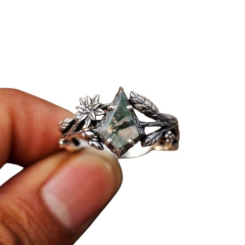 925 Sterling Silver Moss Agate Kite Cut Ring - Handmade Nature Inspired Tree Branch & Flower Design Boho Ring for Women | Perfect Mother’s Day Gift, Wedding, Anniversary & Everyday Wear