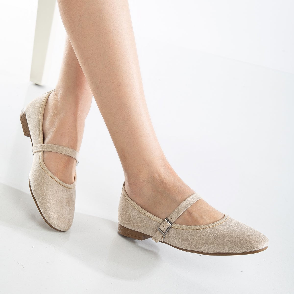Emilie Women's Beige Suede Mary Jane Flats - Comfortable Casual Shoes for Work, Walking & Everyday Wear