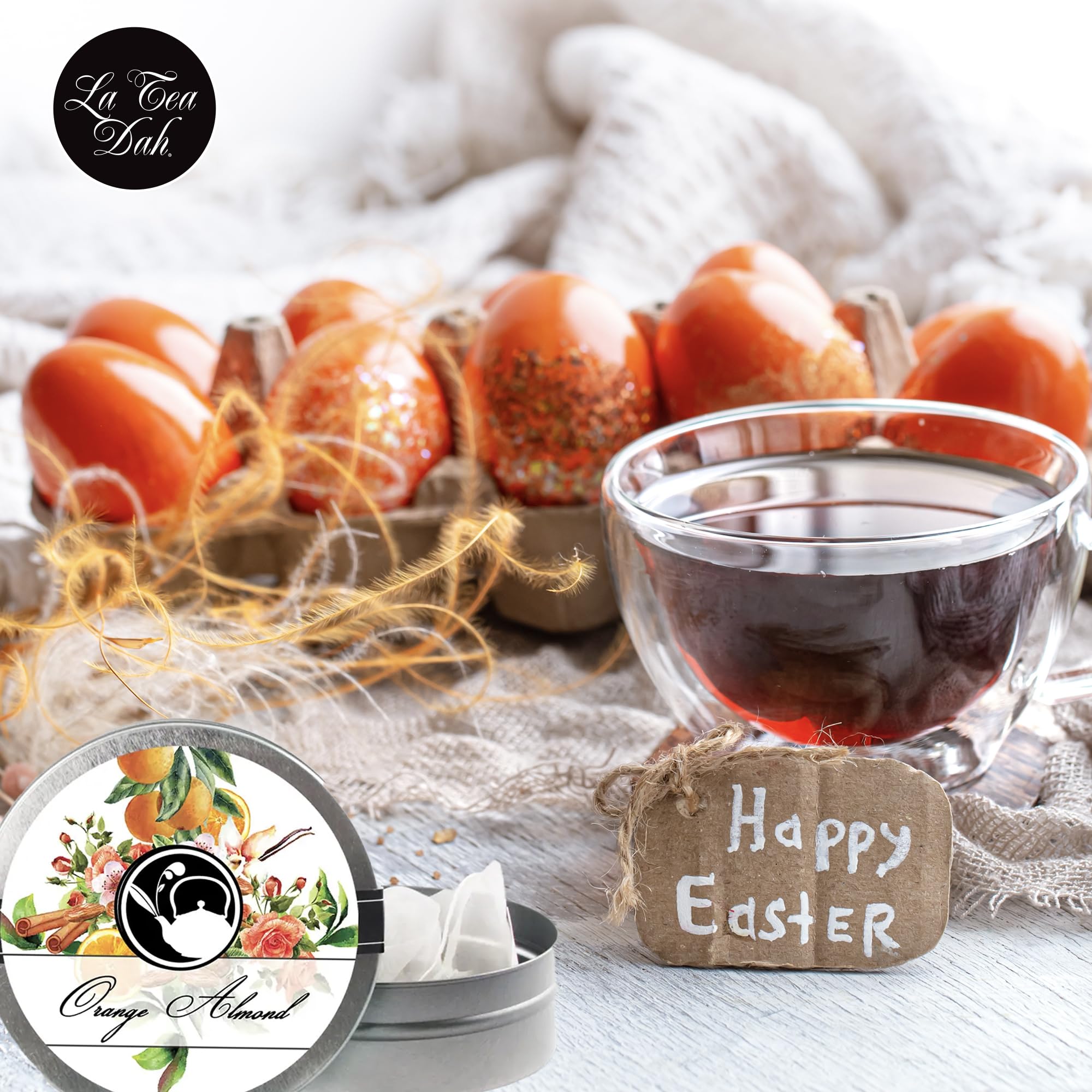 Premium Easter Tea Gift Basket by La Tea Dah - 5 Tins of Luxury Tea & 2 Honey Stirrers in Festive Basket (Hibiscus, Vanilla, Chamomile, Orange Almond & Earl Grey) - Perfect Easter Gifts for Adults, Tea Lovers & Hostess - Ideal for Afternoon Tea, Mother's Day & Spring Celebrations