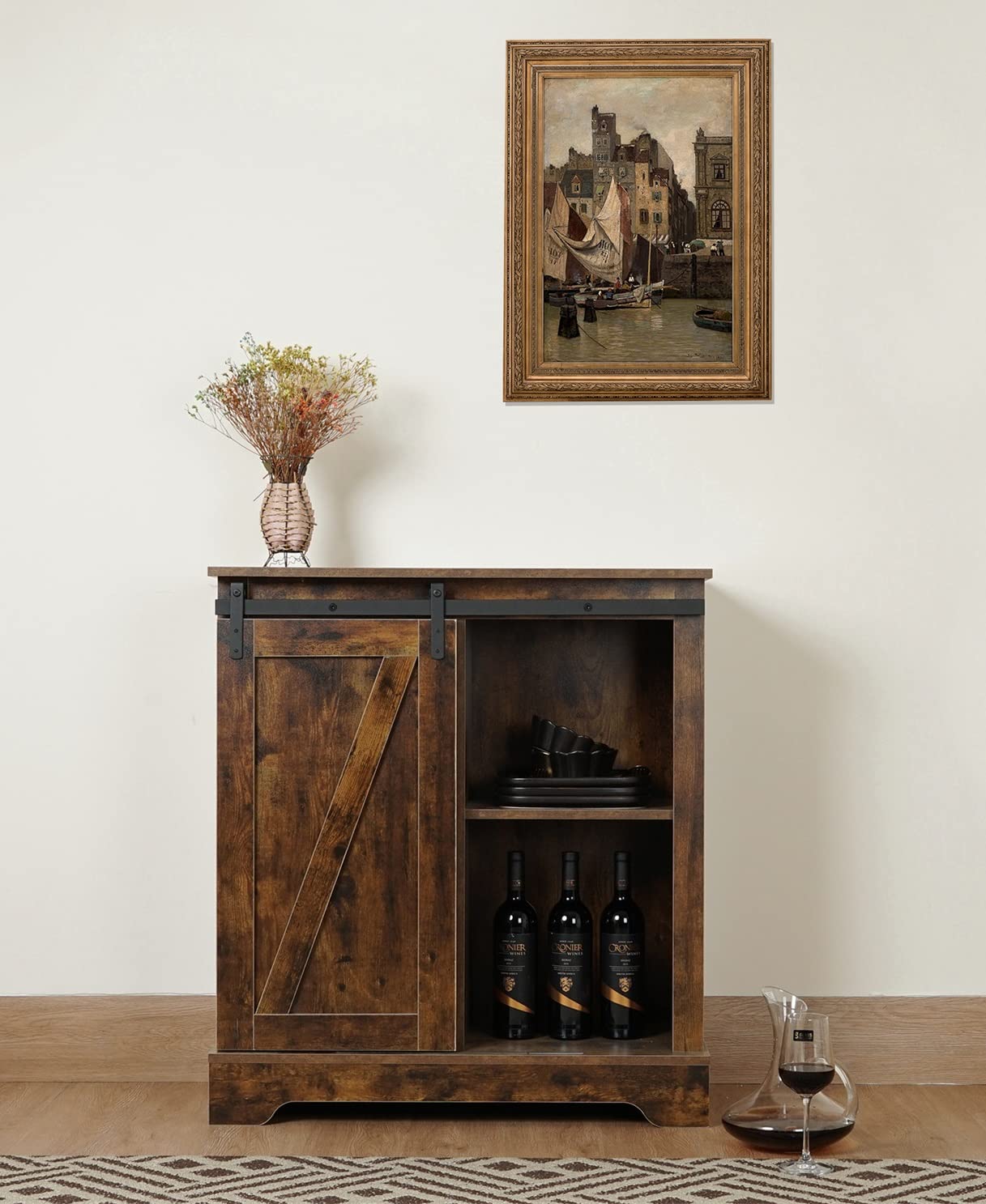 Farmhouse Style Buffet Sideboard with Sliding Barn Door - Rustic Coffee Bar Cabinet, Entryway Table & Storage Console for Living Room, Kitchen, Bathroom - Solid Wood Shelves & Drawers (Brown, Type A) - Perfect for Home Decor, Dining Room Storage & Hospitality Serving