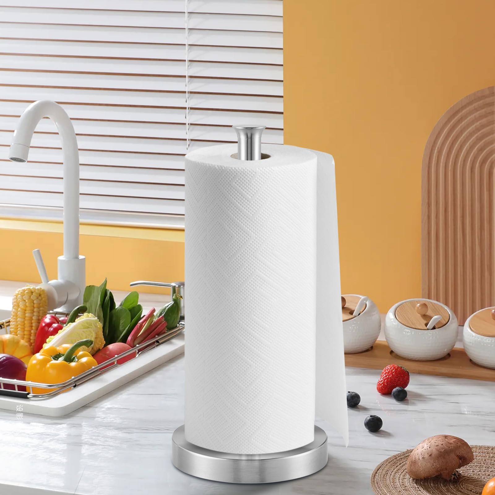 Stainless Steel Paper Towel Holder for Kitchen & Bathroom - Heavy Weight Non-Slip Base, Space Saving Countertop Design, Scratch Resistant & Smooth Surface - Perfect for Home, Office, and Restaurant Use