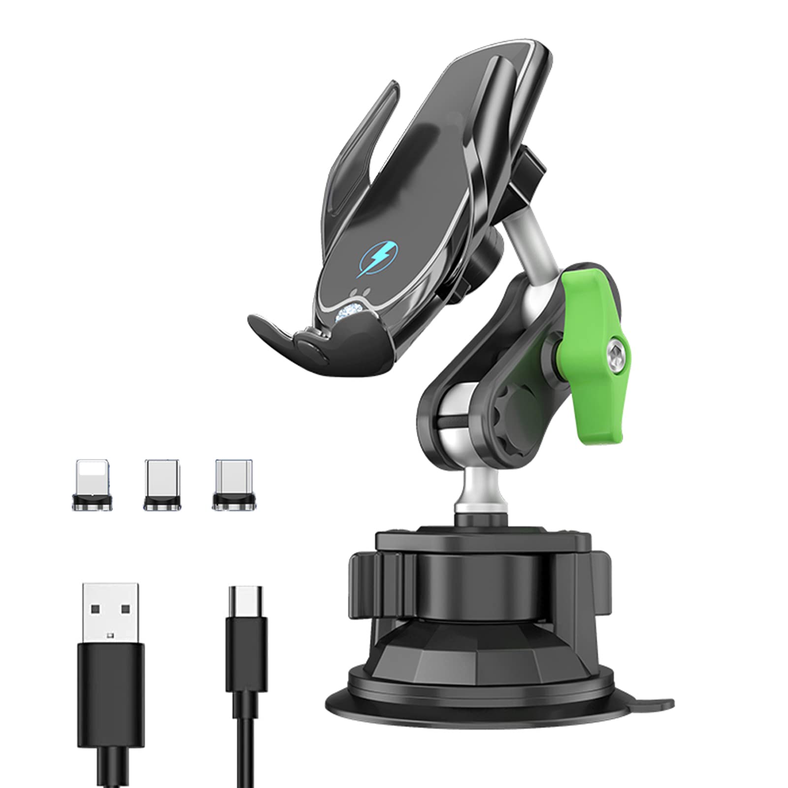 15W Fast Wireless Car Charger Mount - Auto-Clamping Phone Holder with 360° Rotating Ball Head for iPhone, Samsung & Smartphones - Universal Windshield & Dashboard Mount (Black) - Perfect for Commuting, Road Trips & GPS Navigation