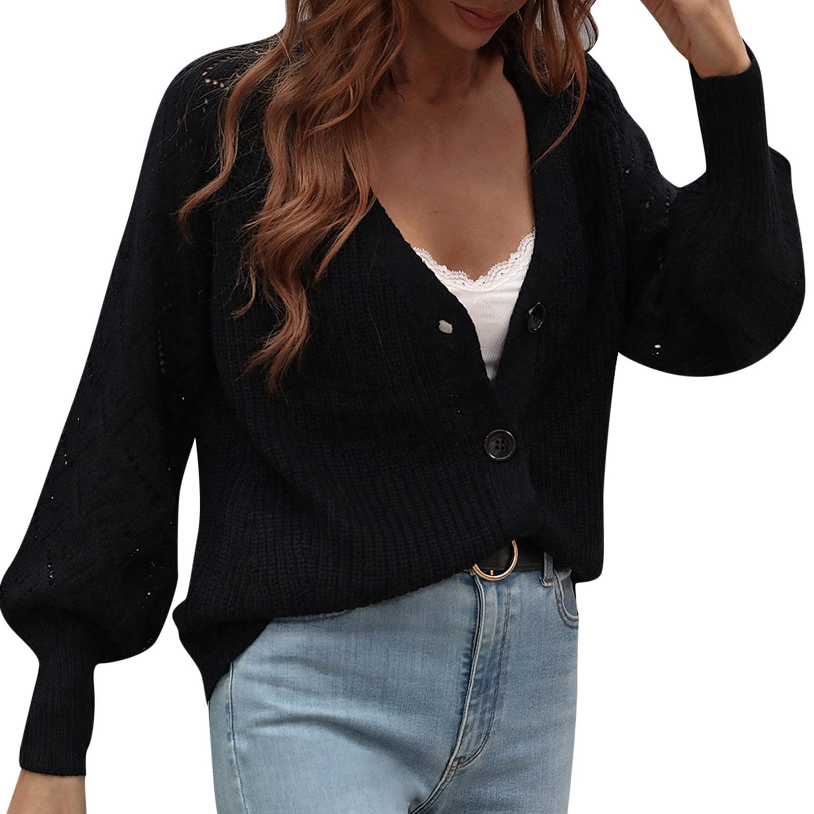 Women's Casual V-Neck Hollow Crochet Sweater Cardigan - Solid Color Button Front Loose Long Sleeve Top for Spring/Summer Beach Wear & Boho Fashion Outfits