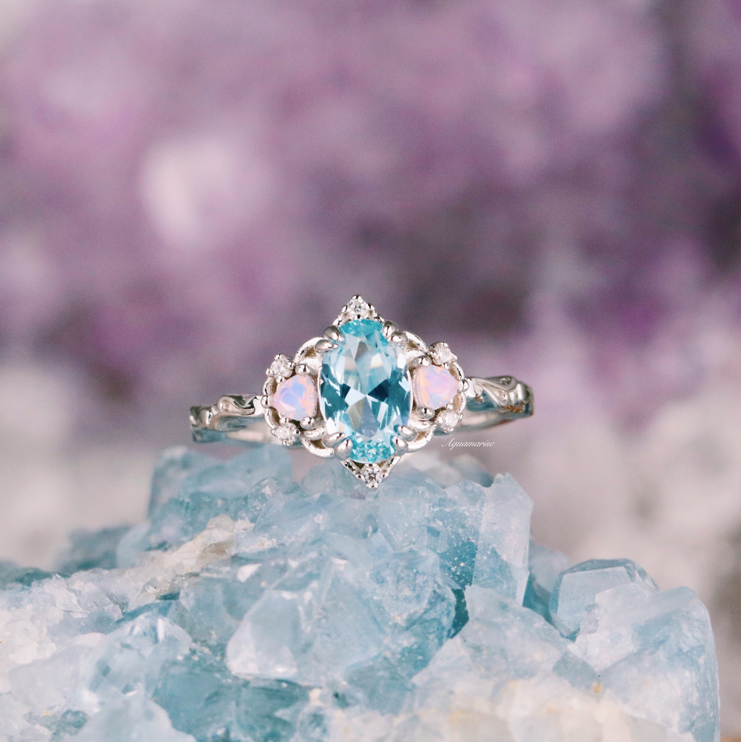 14K White Gold Esme Aquamarine & Opalescent Sapphire Ring – Elegant Jewelry for Women, Perfect for Weddings, Anniversaries & Special Occasions