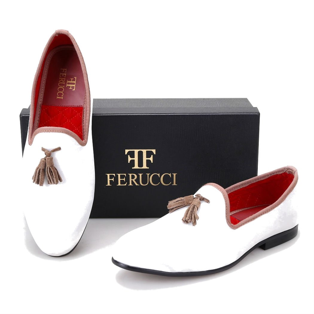 FERUCCI White Velvet Loafers with Brown Tassel - Custom-Made Women's Slippers for Home, Office & Special Occasions