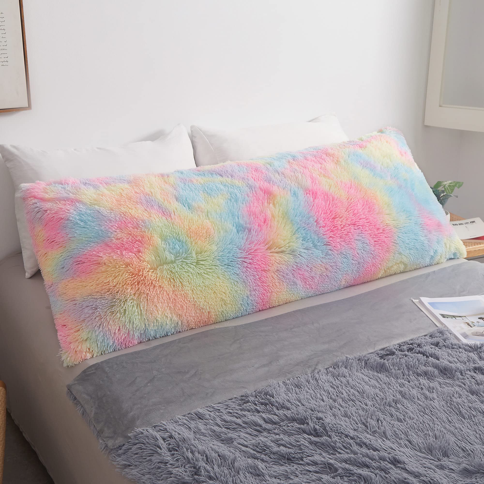 Rainbow Print Fluffy Body Pillow Cover 20x54 - Soft Shaggy Faux Fur Pillow Case with Zipper, Tie Dye Plush Bed Pillow for Kids, Girls & Women - Perfect for Bedroom Decor, Nap Time & Cozy Movie Nights