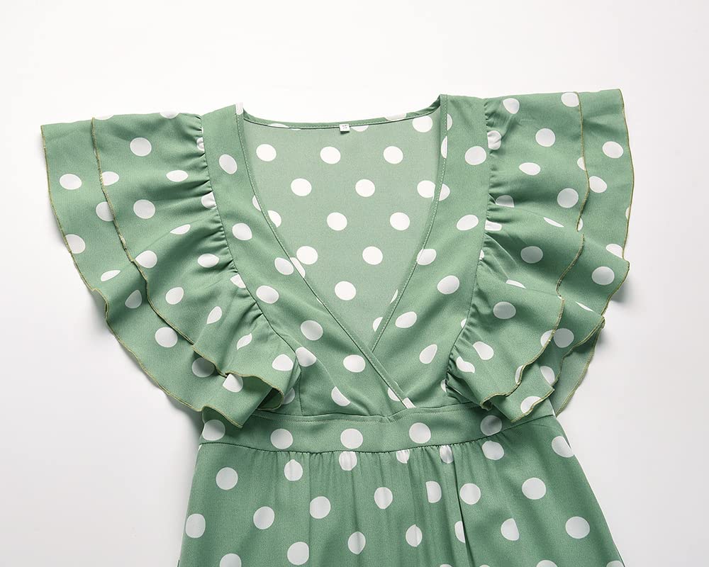Women's Flowy Maxi Dress with Polka Dots - Short Ruffle Sleeves & Deep V Neck - High Waist Summer Long Dress for Beach, Vacation, and Casual Outings