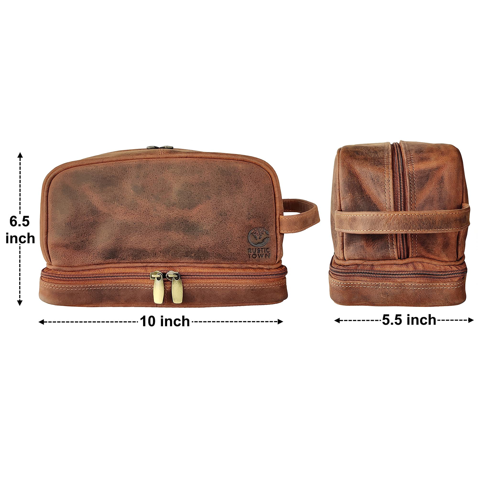 RUSTIC TOWN Genuine Leather Toiletry Bag Set - Premium Travel Organizer for Men & Women | Perfect Gift for Business Trips, Camping & Vacation Essentials