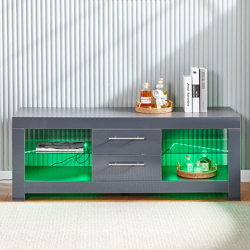Modern TV Stand with LED Lights - RVEE High Gloss Wooden Entertainment Center with Storage Drawers | Perfect for Living Room, Bedroom & Home Theater Setup (Gray, 2-Drawer)