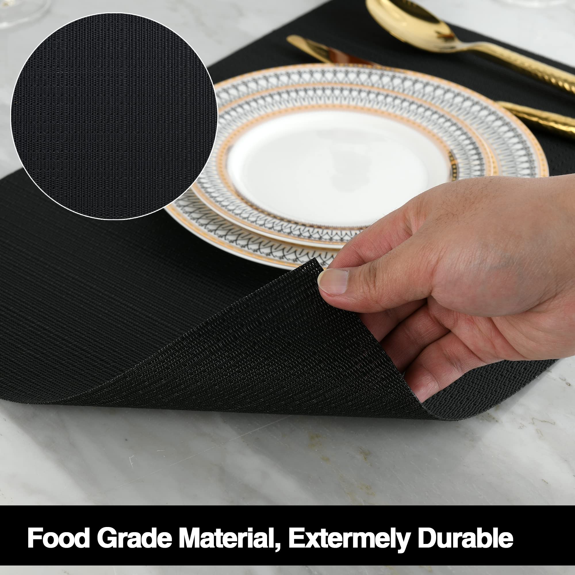 Premium Black Placemats Set of 8 - Waterproof & Heat-Resistant PVC Table Mats for Kitchen & Dining - Easy Clean Washable Vinyl Placemats for Everyday Meals, Dinner Parties & Holiday Gatherings (Pure Black, 8-Pack)