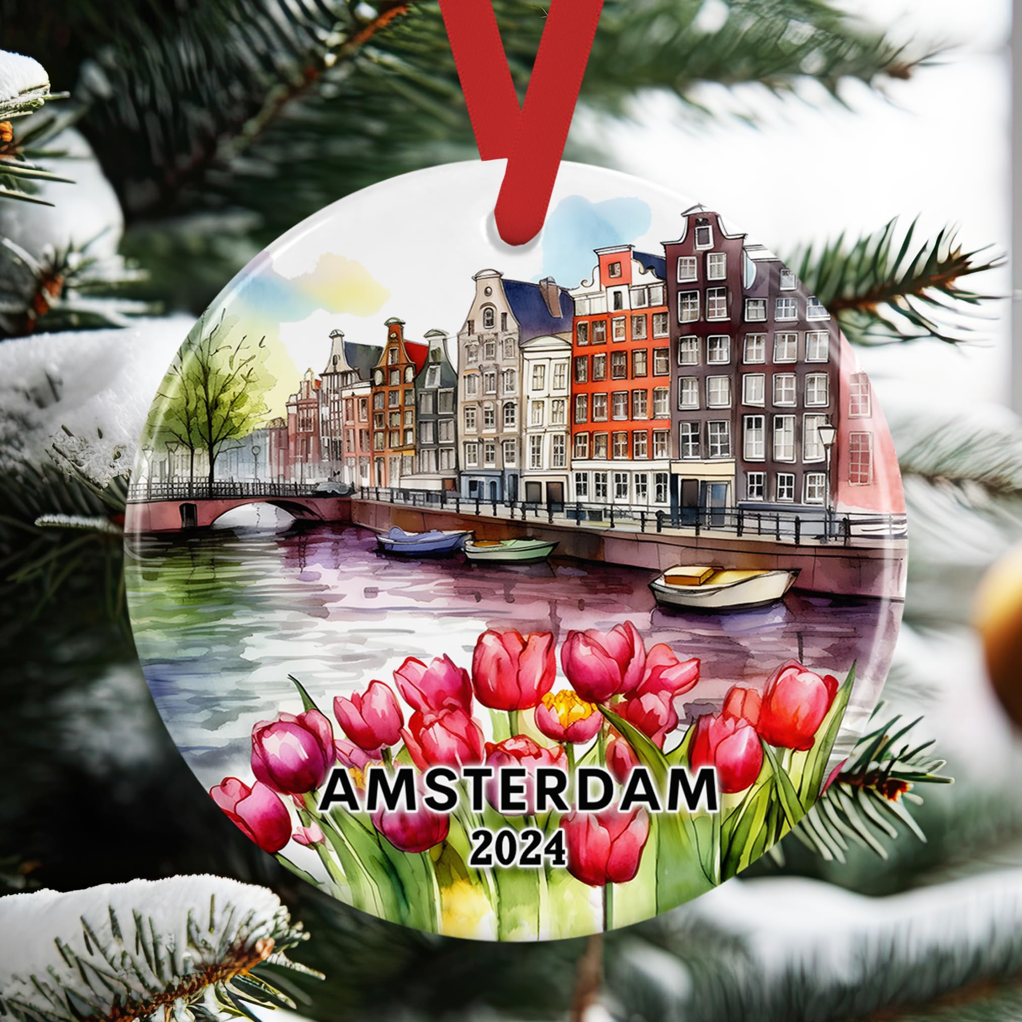 2024 Handmade Amsterdam Canal Houses & Dutch Tulips Ceramic Christmas Ornament - European Travel Vacation Holiday Keepsake Gift for Christmas Tree Decor, Home Decor, Travel Lover Souvenir