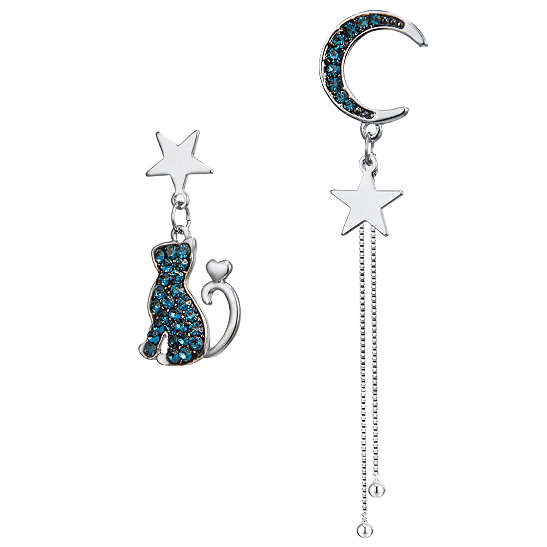 Cute Space Cat Moon Star Themed Dangle Earrings for Women & Girls - Mismatched Sterling Silver Stud Drop Earrings with S925 Silver Post - Perfect for Parties, Gifts & Everyday Fashion
