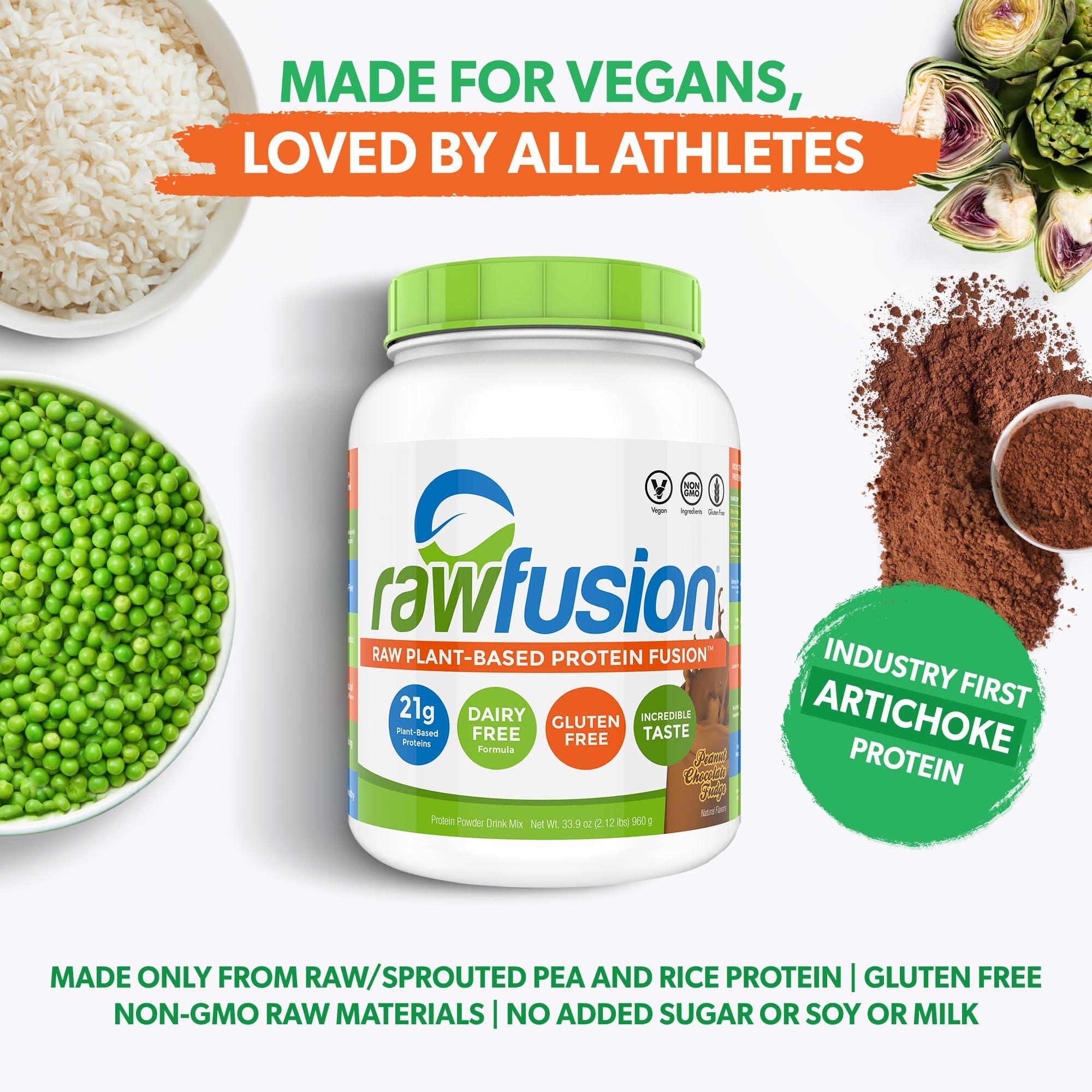 RawFusion Plant Protein Powder - Peanut Chocolate Fudge Flavor, 32.9oz (Pack of 1) | Vegan Protein Supplement for Muscle Recovery, Smoothies & Baking | Gluten-Free & Non-GMO