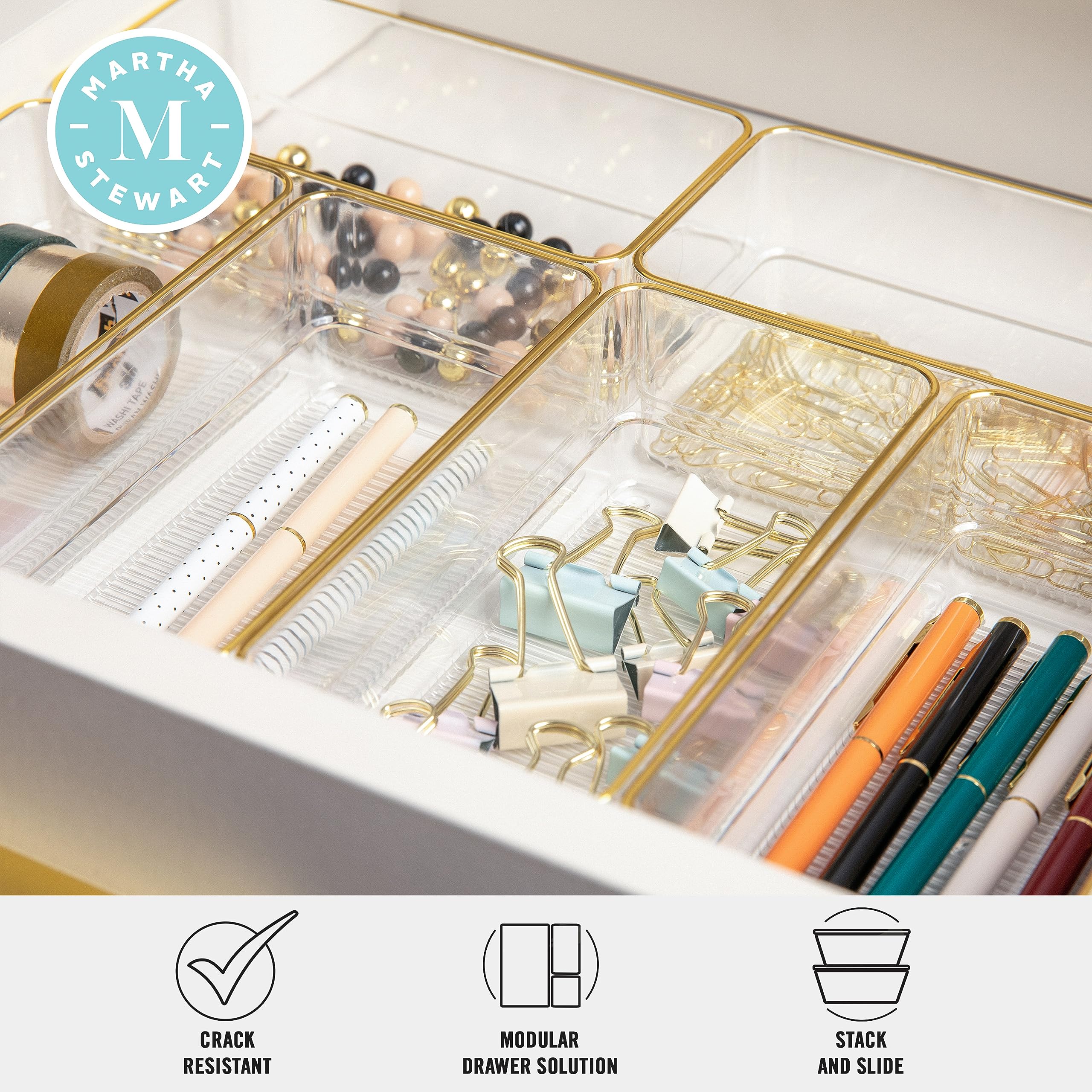 Martha Stewart Kerry Plastic Stackable Office Desk Drawer Organizers, 6