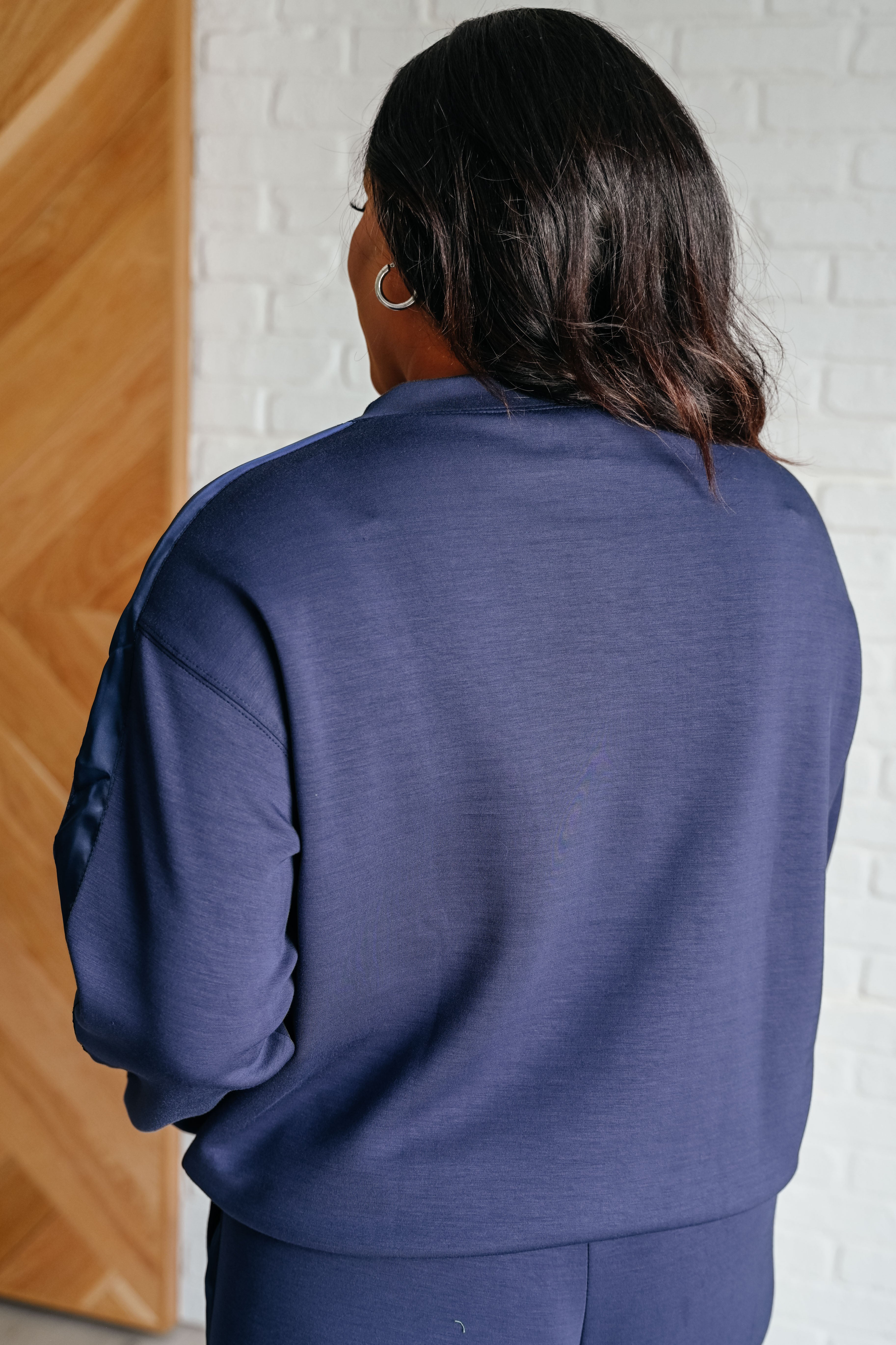 Lysa Women's Satin Stripe Pullover Sweater - Soft Long Sleeve Knit Top in Smoky Navy Blue | Casual Fall Winter Outfit for Work, Date Night & Weekend Wear