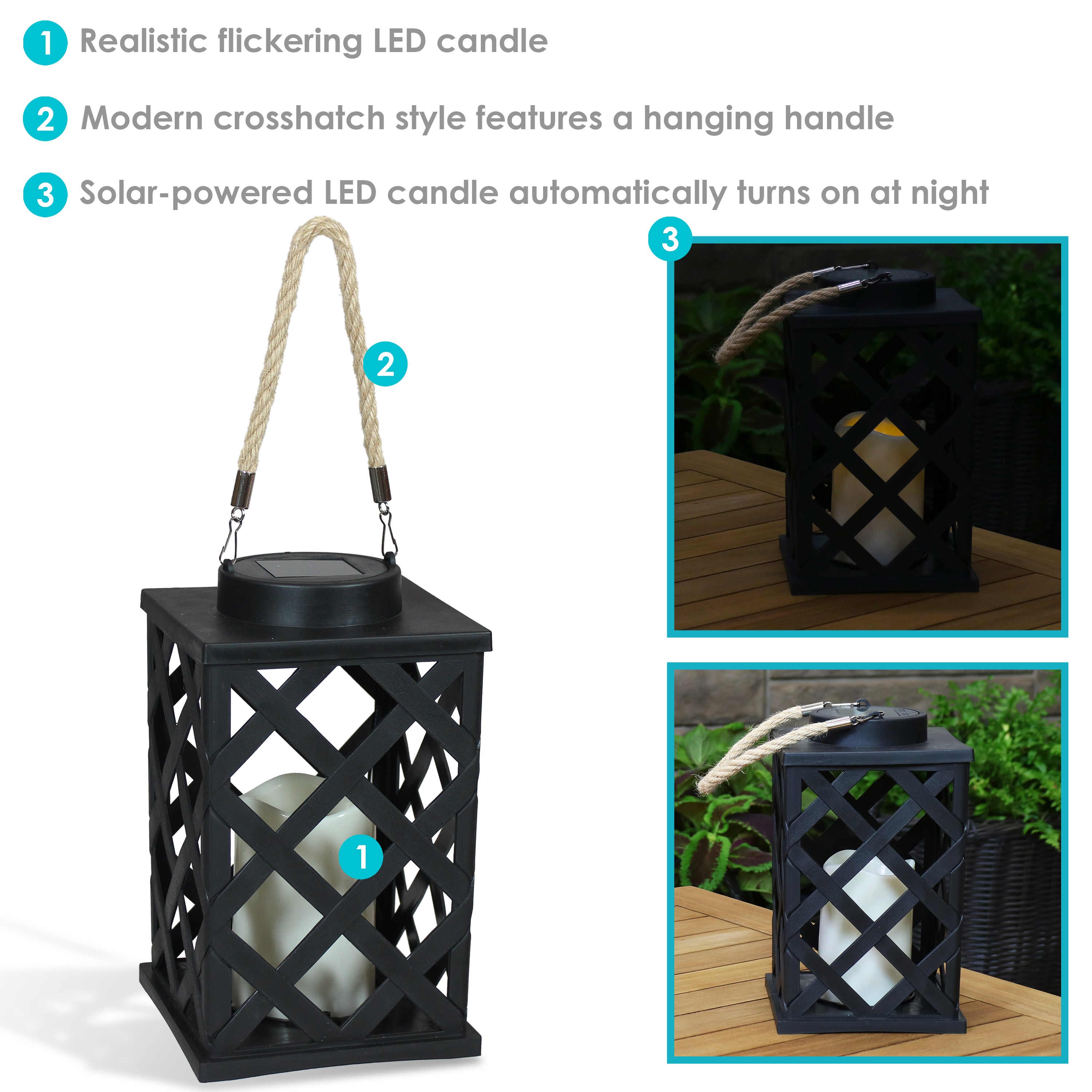 Sunnydaze Modern Crosshatch Outdoor Solar Decorative Candle Lantern - Waterproof Garden Patio Deck Decor for Parties, Weddings & Backyard Lighting