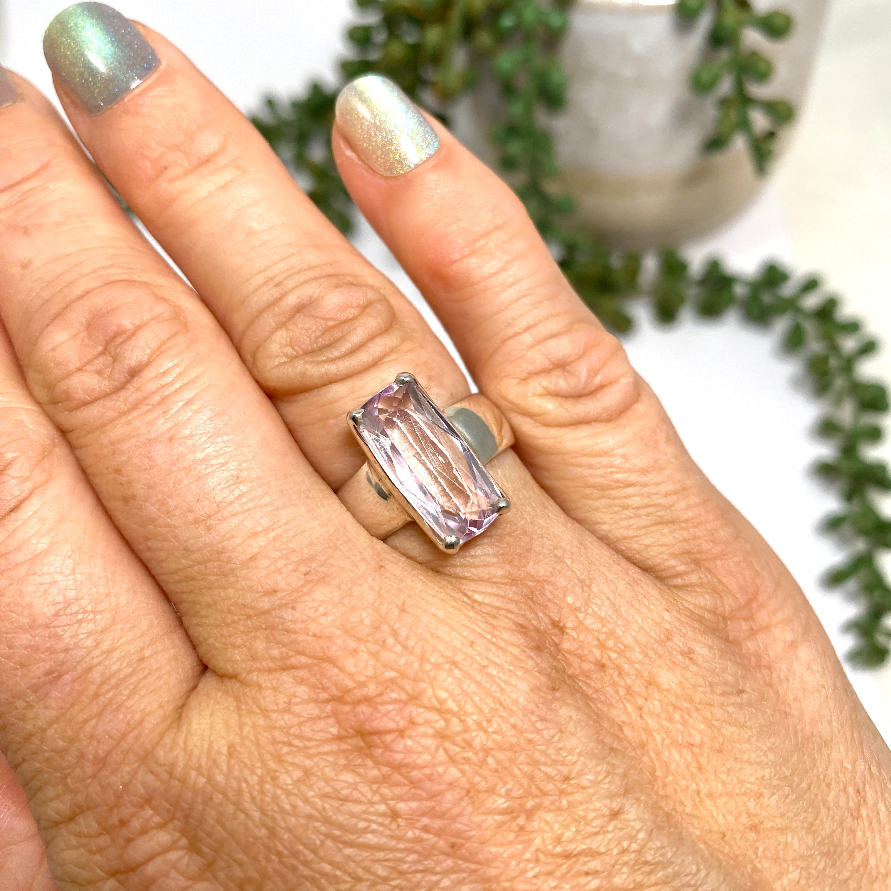 Kunzite Rectangular Faceted Ring Size 7 - Elegant Pink Gemstone Jewelry for Women, Perfect for Weddings, Anniversaries & Special Occasions