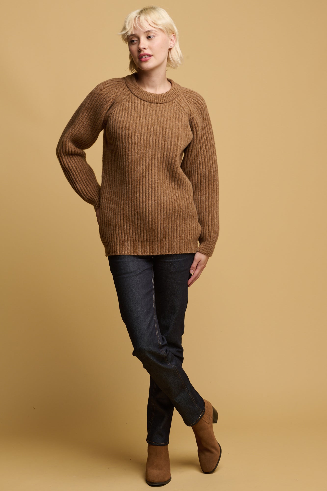 Women's Lambswool Fisherman Ribbed Sweater - Dark Camel | Warm Winter Knit Pullover for Casual Outfits & Cozy Layering