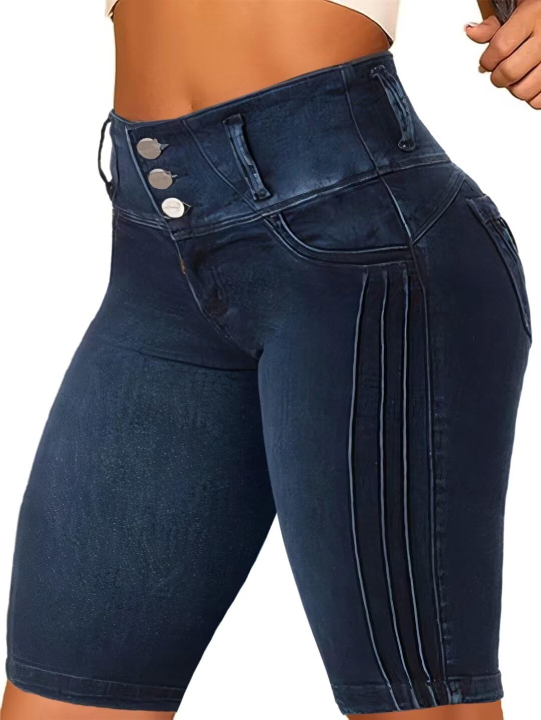 Flamingals Women's Denim Mid Waist Butt Lifting Bermuda Skinny Shorts - High Waisted Stretch Jeans for Curvy Fit | Perfect for Casual Outings, Summer Vacations & Night Out