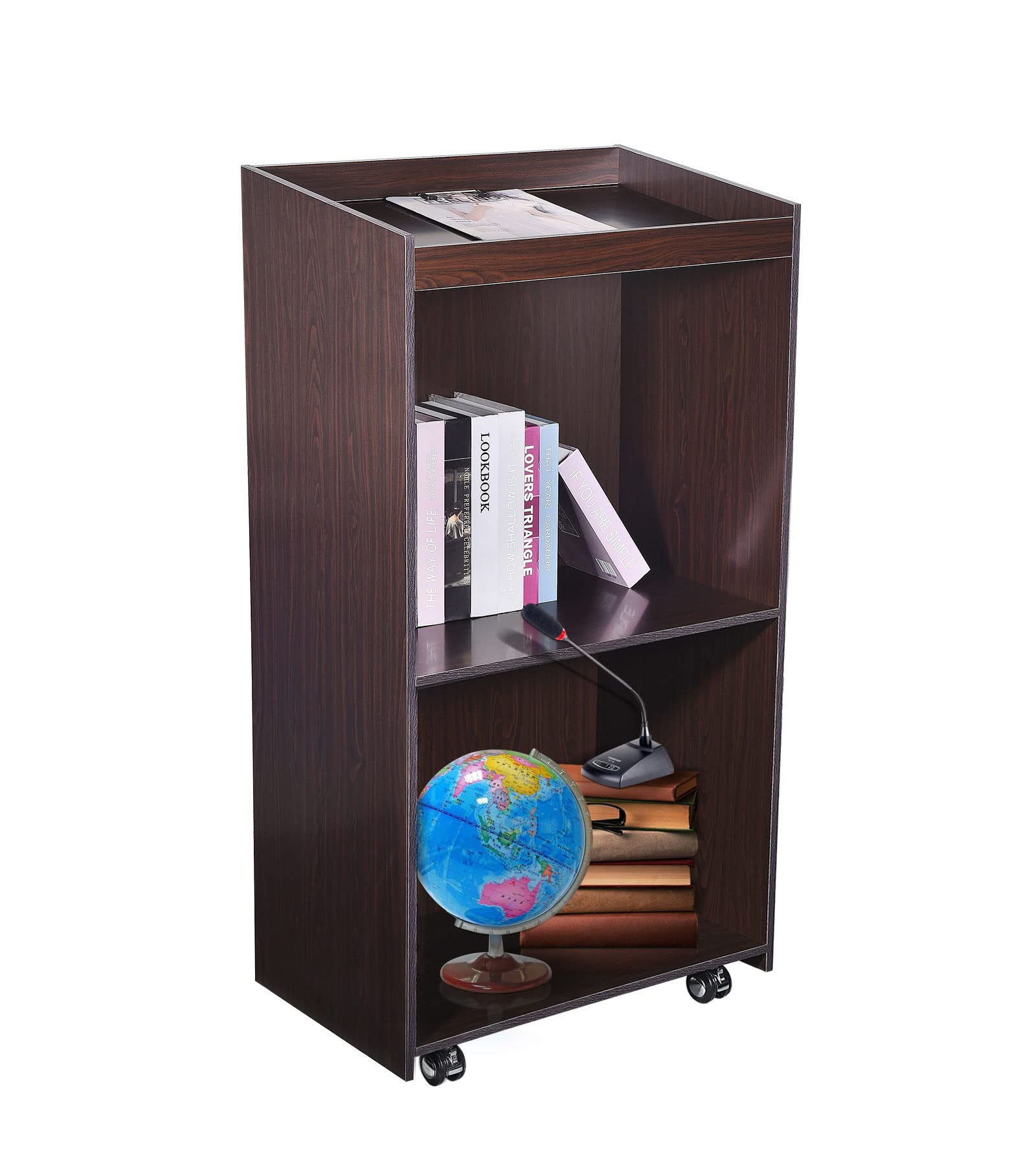 Portable Wooden Rolling Podium Stand with Open Storage Shelves & Top Clip - Adjustable Floor Standing Lectern for Hostess, Teacher, Church, Office & School - Black - Perfect for Presentations, Meetings & Events