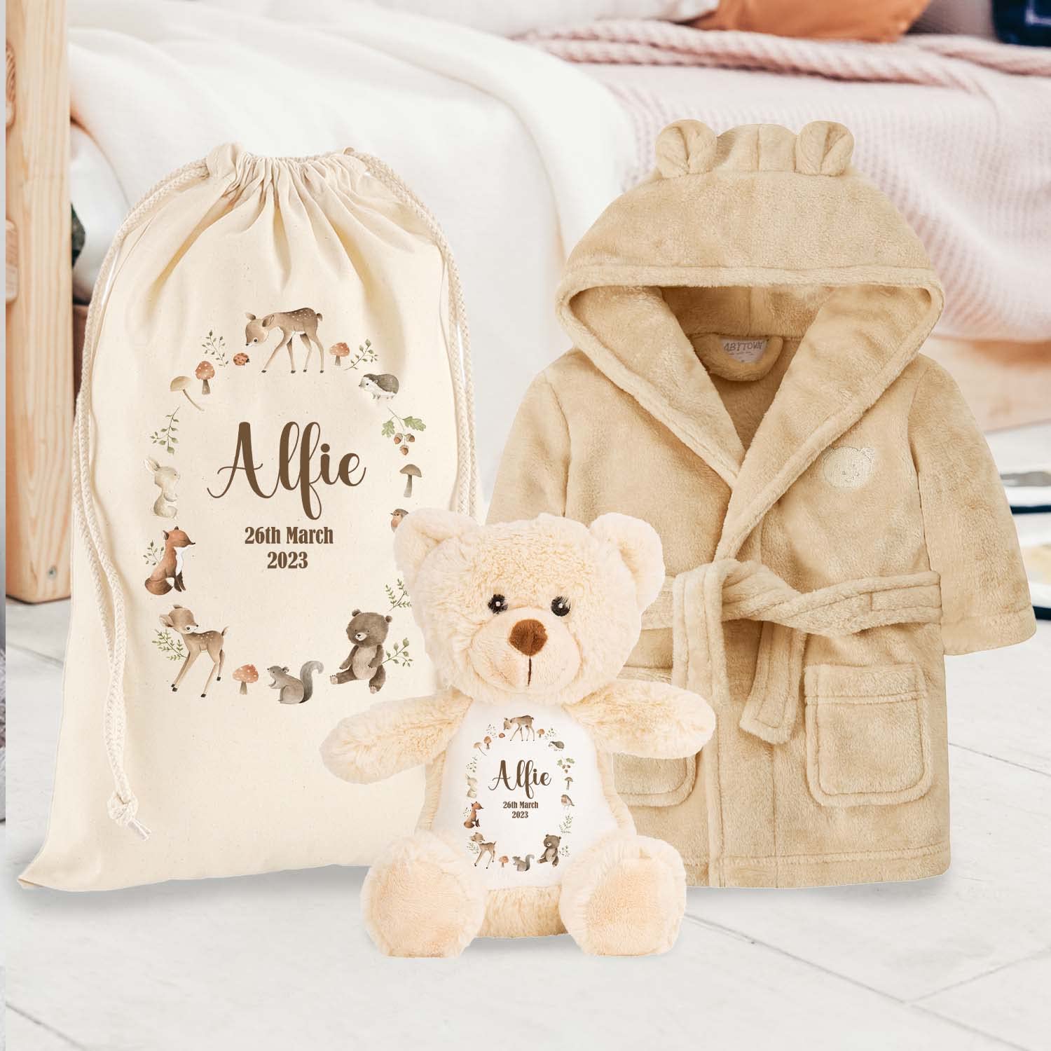 Personalized Teddy Bear Baby Dressing Gown Gift Set for Newborns - Custom Baby Robe & Gift Bag for 1st Birthday, Baby Shower, Christening - Perfect for Boys & Girls Gifts, Photo Shoots & Keepsakes