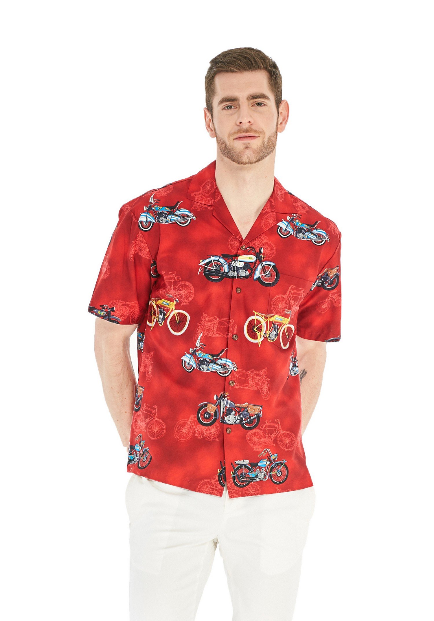 Hawaiian Shirt for Men - Made in Hawaii, Aloha Shirt with Motorcycle & Bike Design - Perfect for Beach Parties, Summer Vacations & Casual Wear