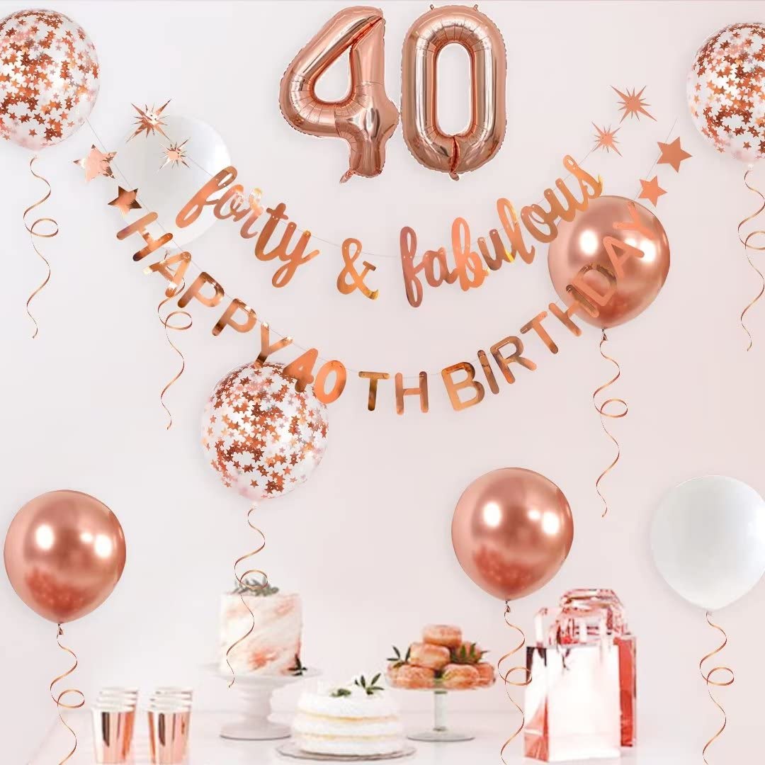 40th Birthday Decorations - Rose Gold 'Forty & Fabulous' Banner, Garland & Foil Balloons Set for Women's Milestone Party | Perfect for Backdrops, Wall Decor & Hanging Displays | Cheers to 40 Years Celebration Supplies