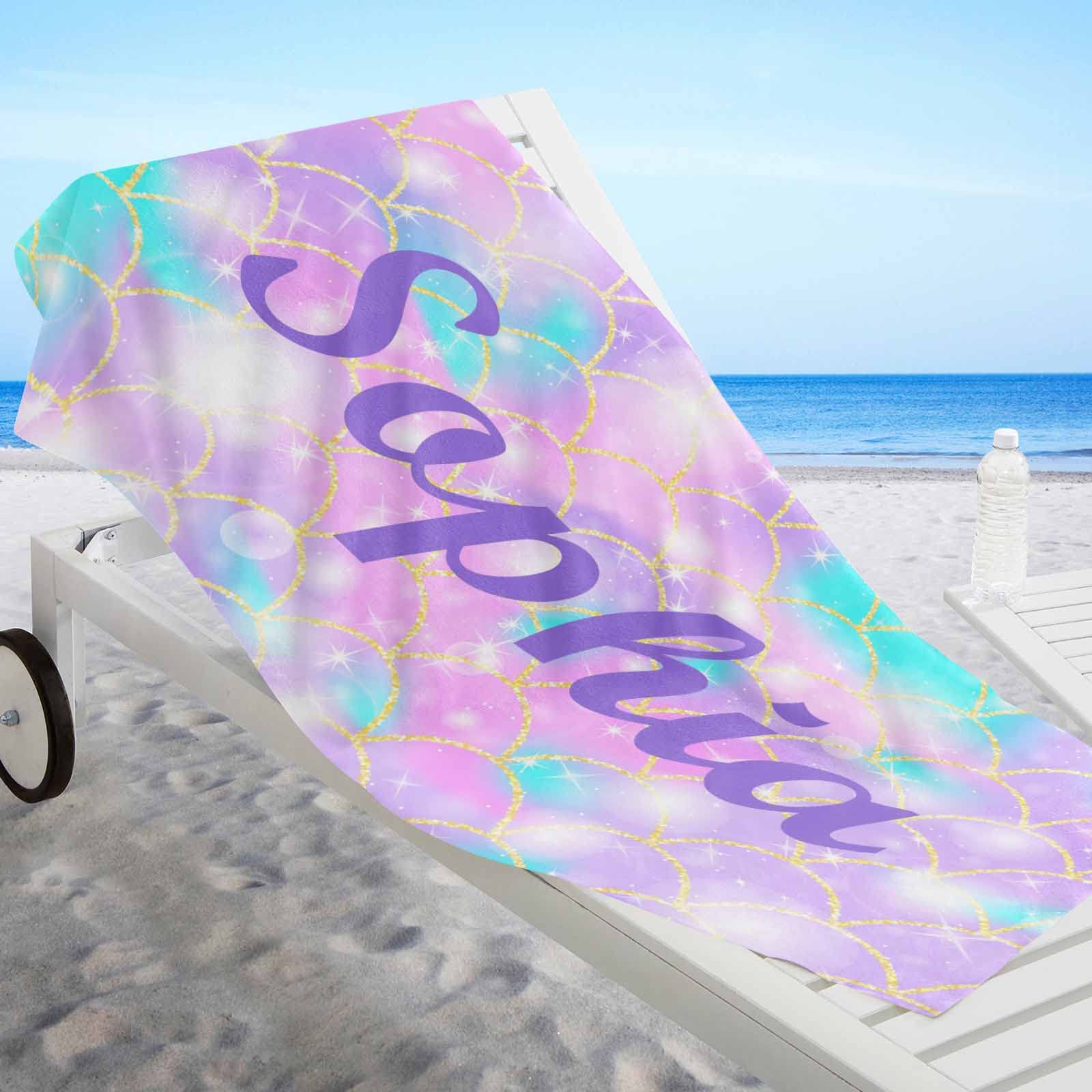 Personalized Kids Beach Towels with Name - Custom Mermaid Design Thin Towel for Girls, 30