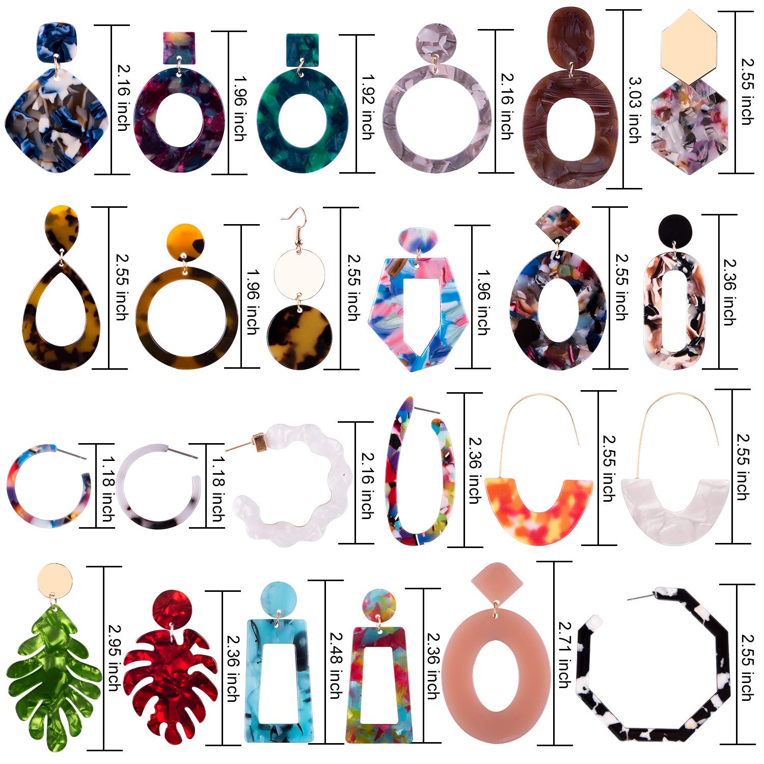 Duufin 24 Pairs Acrylic Drop Dangle Earrings - Resin Hoop Statement Jewelry Set | Bohemian Polygonal Fashion Earrings for Women | Perfect for Parties, Weddings & Everyday Wear