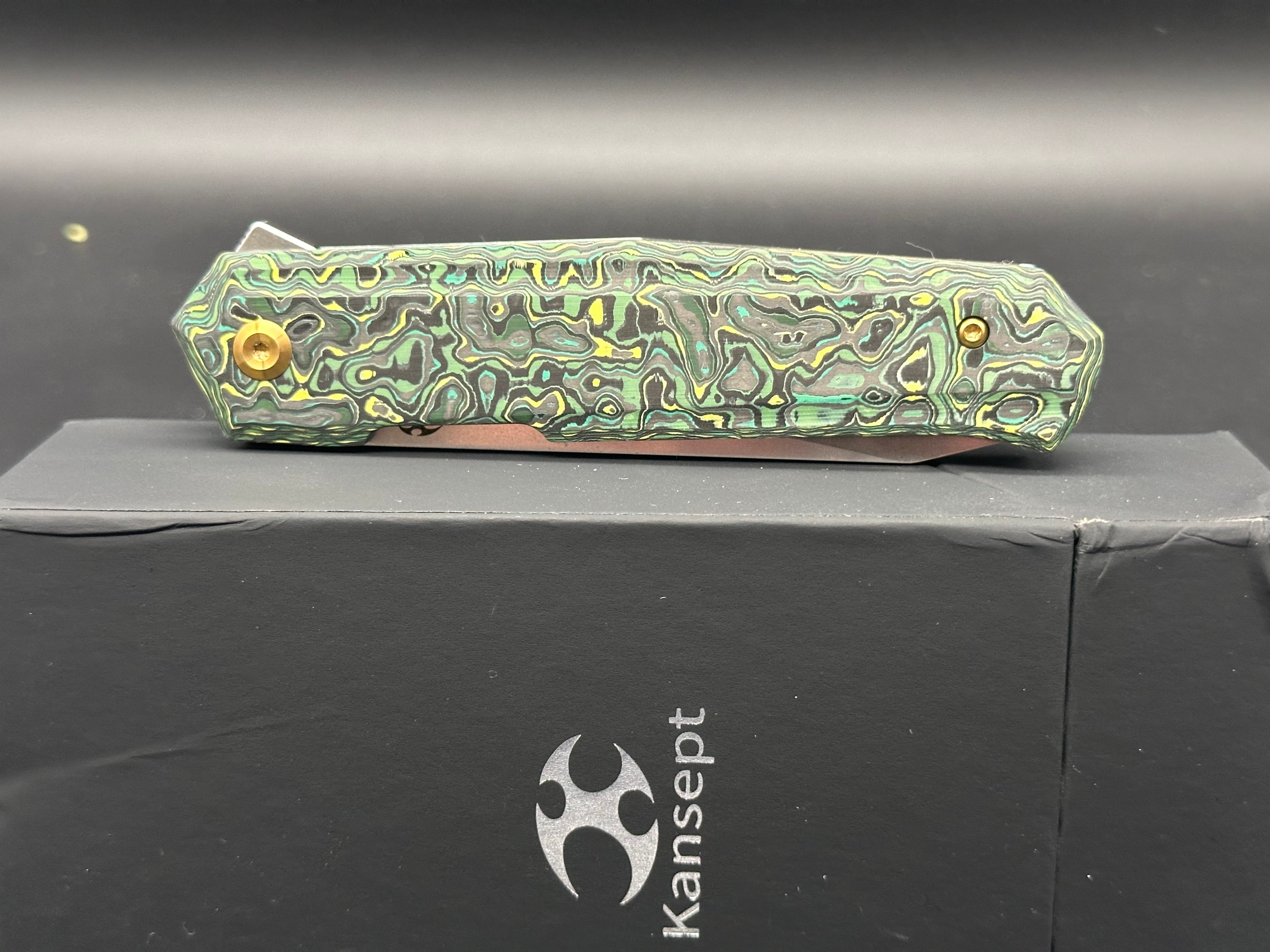 KANSEPT INTEGRA Folding Pocket Knife - Green/Yellow Carbon Fiber Handle, S35VN Steel Plain Edge, Black Stonewash Finish (K1042B3) | EDC, Outdoor Camping, Survival & Everyday Carry Knife