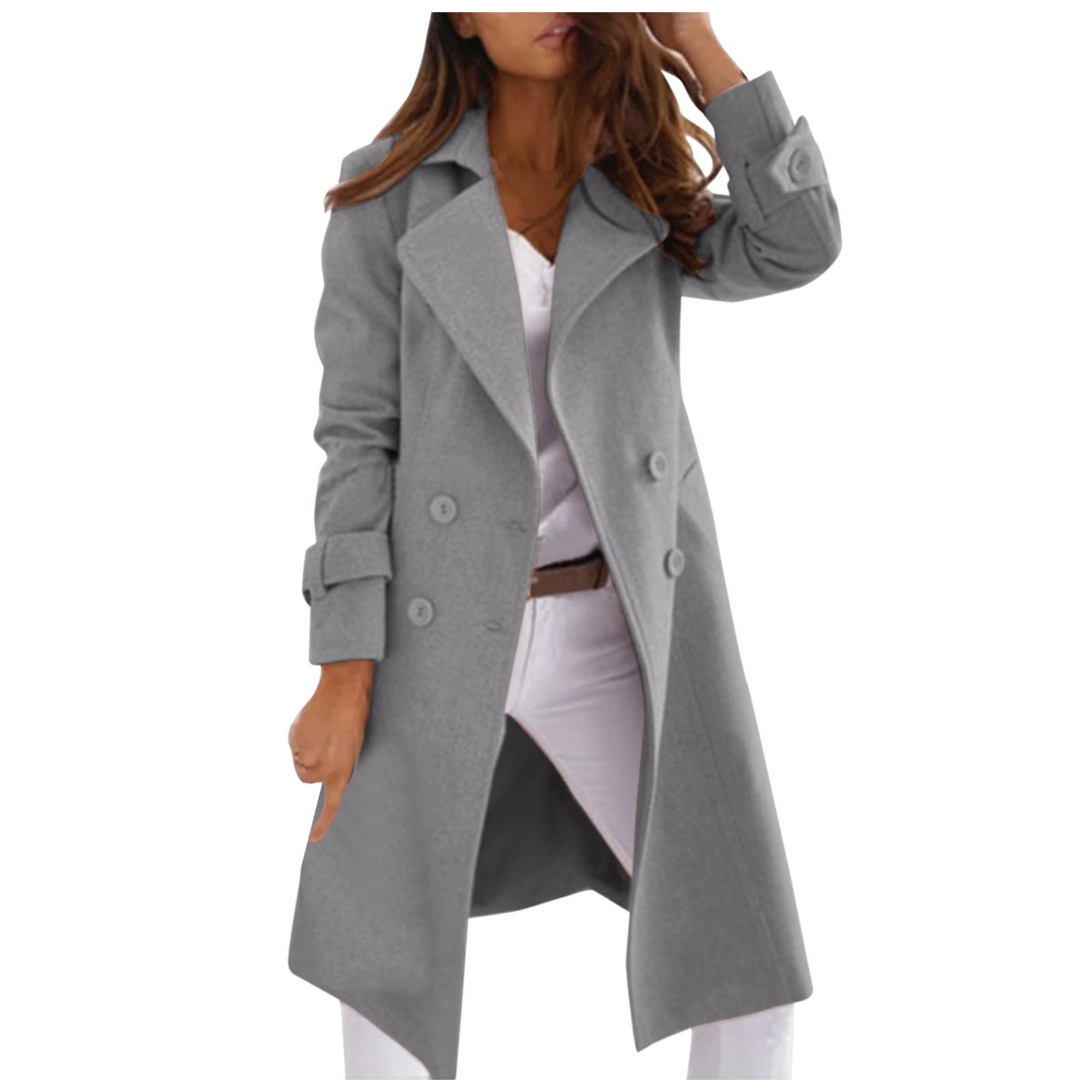 Women's Wool Blend Double Breasted Trench Coat with Notched Lapel - Warm Winter Pea Coat for Office, Travel & Formal Occasions