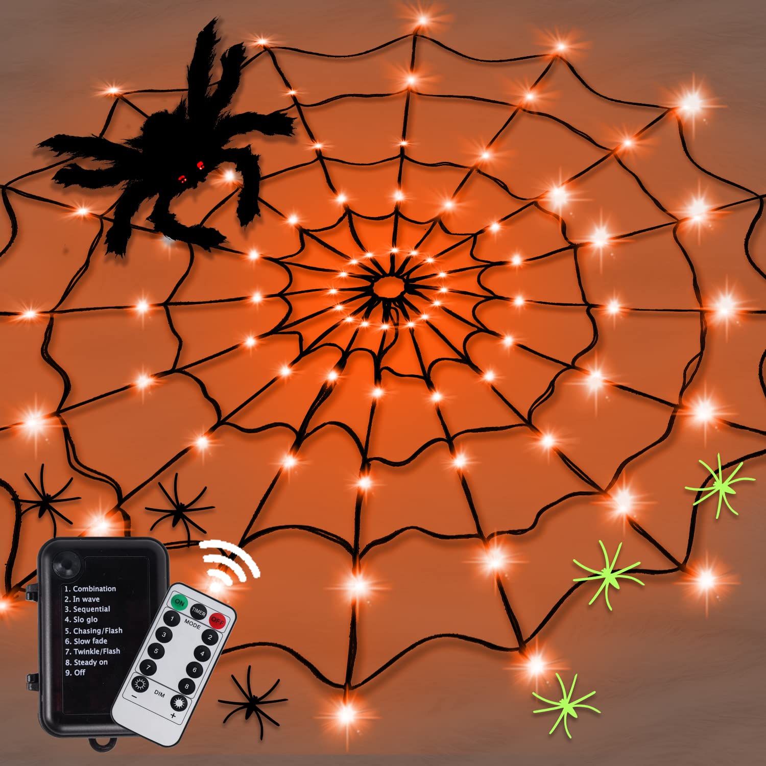 Orange & Purple Halloween Spider Web Lights with 80 LED, 4 FT Diameter - Includes 1 Big Black Spider & 10 Small Spiders - 8 Lighting Modes for Indoor & Outdoor Decor - Battery Operated Halloween Party Lights for Porch, Yard, and Home Decoration