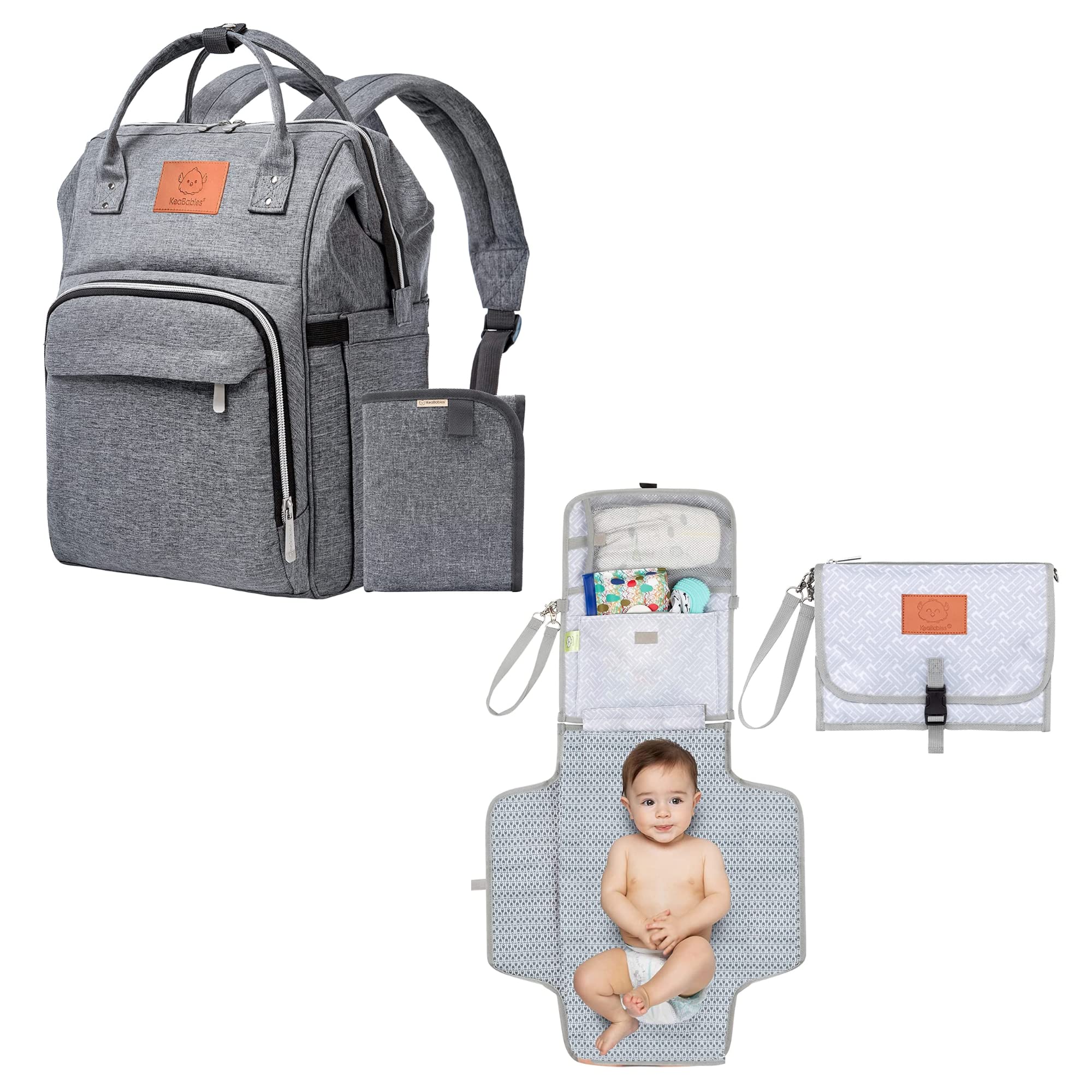 KeaBabies Waterproof Diaper Bag Backpack with Changing Pad - Multi-Functional Baby Travel Bag for Parents - Grey PVC Changing Mat | Perfect for Daycare, Travel & On-the-Go Parenting Essentials