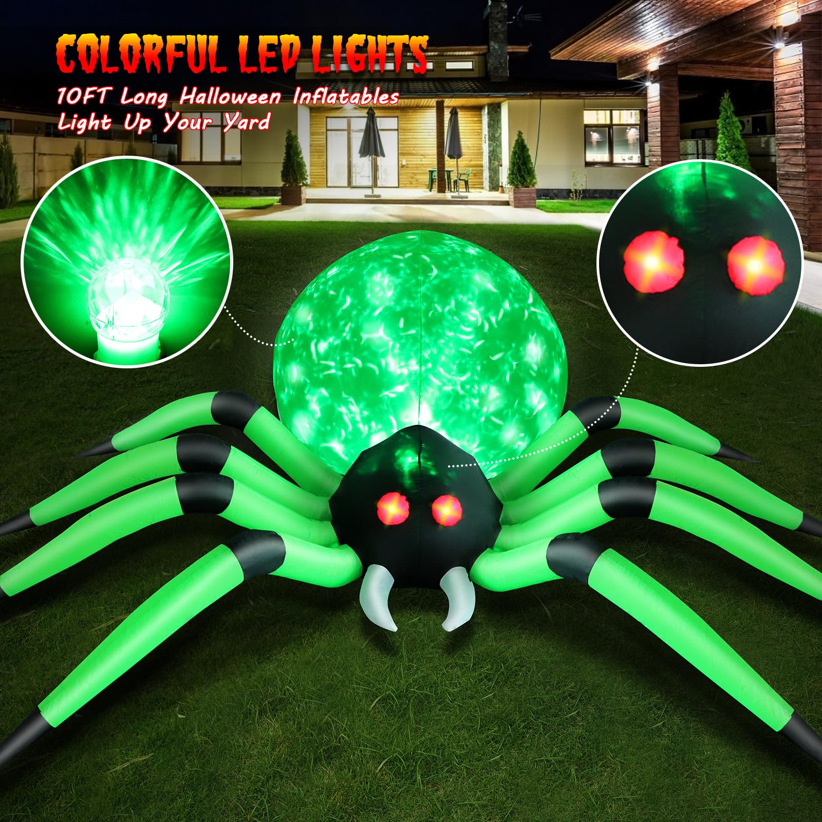 10 FT Halloween Inflatable Spider Outdoor Decorations - Giant Scary Green Spider with Built-in LED Flame Lights for Yard, Garden, Lawn, Porch | Spooky Party Decor, Haunted House Prop, Trick or Treat Display