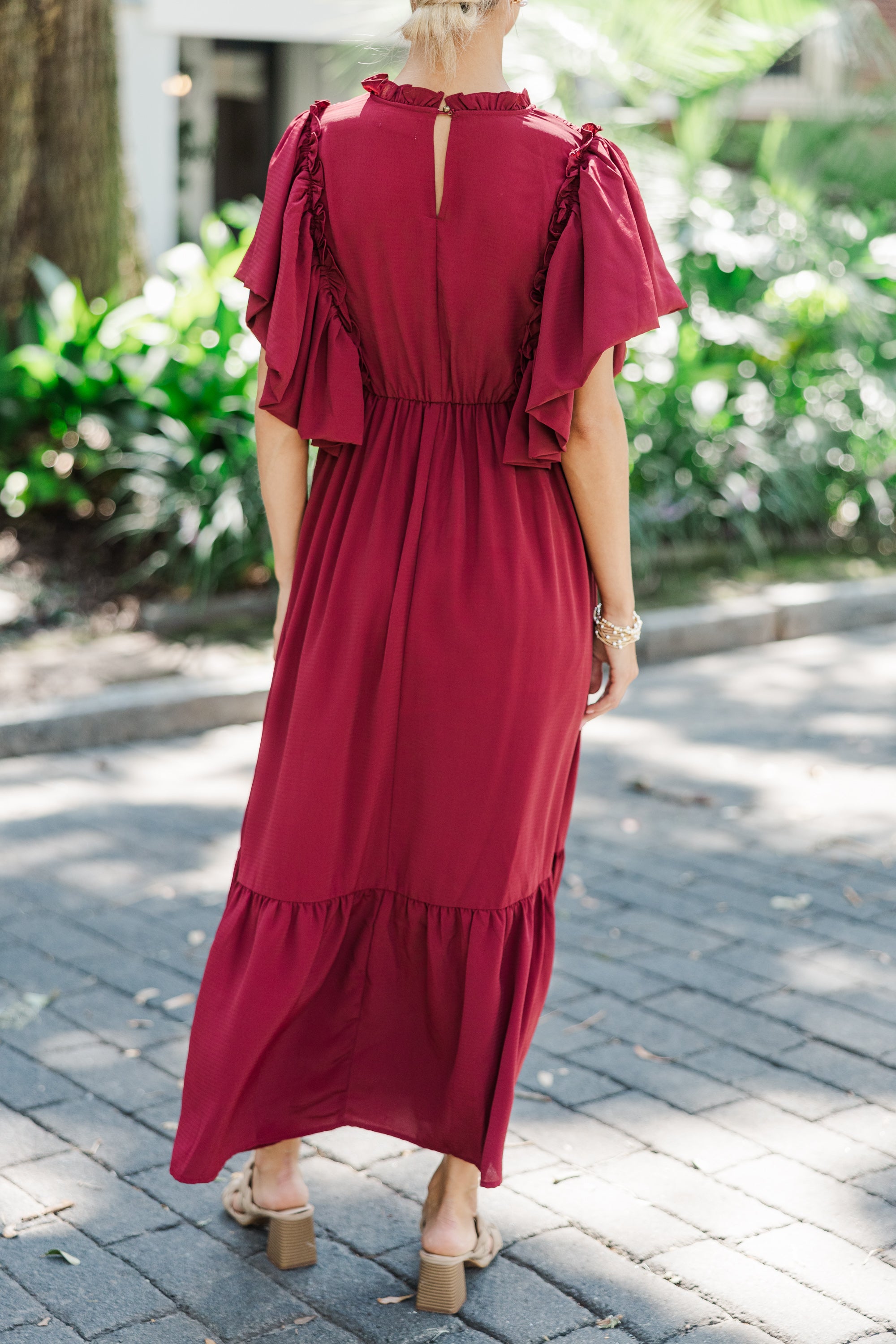 Burgundy Red Ruffled Midi Dress for Women - Elegant Flowy Party Dress with Floral Print | Perfect for Cocktail Parties, Weddings & Date Nights